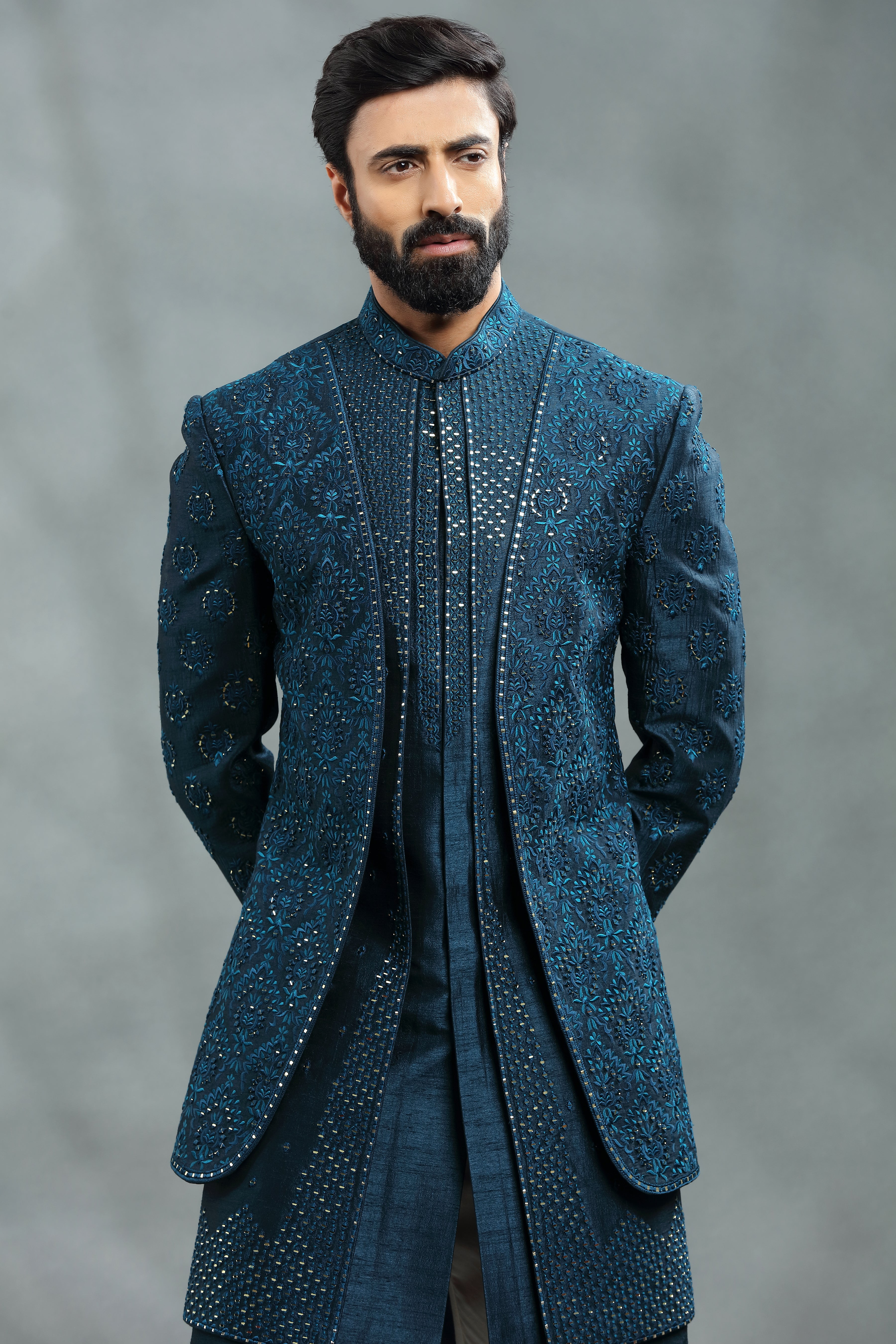 Dark Peacock Green Double layered Mirror work Jacket . - Shreeman