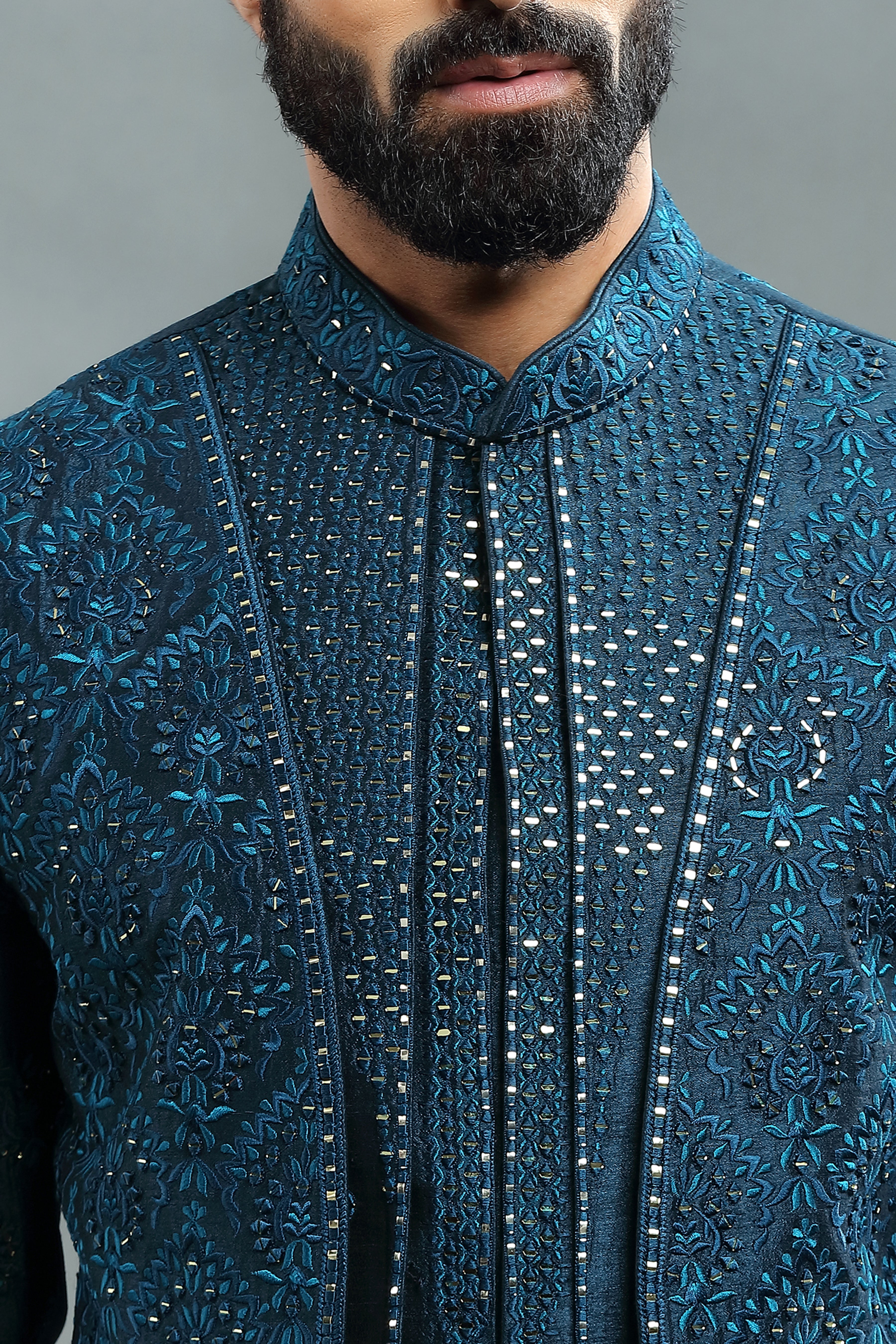 Dark Peacock Green Double layered Mirror work Jacket . - Shreeman