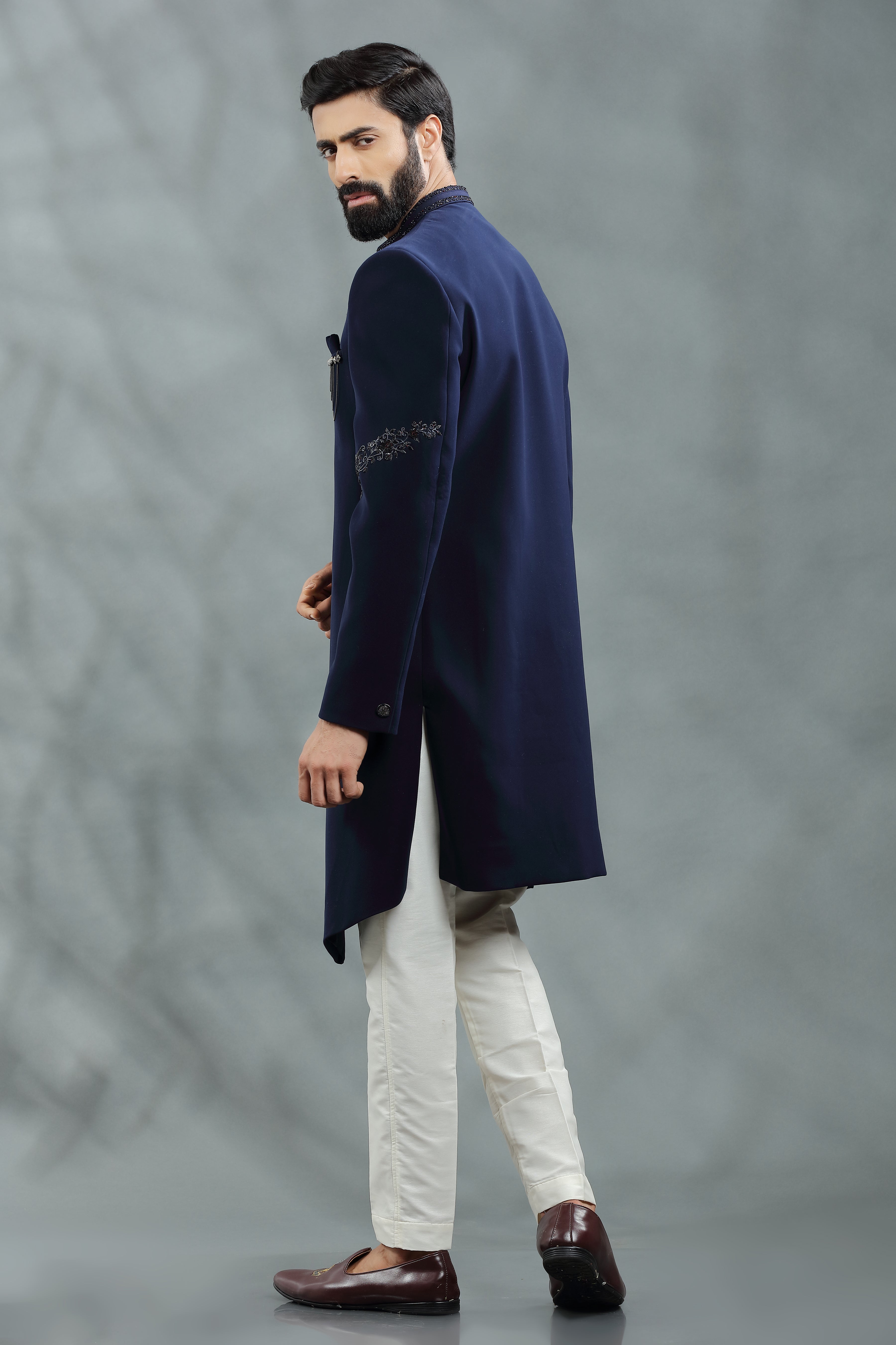 Navy blue Indo western silk jacket in sequins and thread work with Asymetric placket. - Shreeman