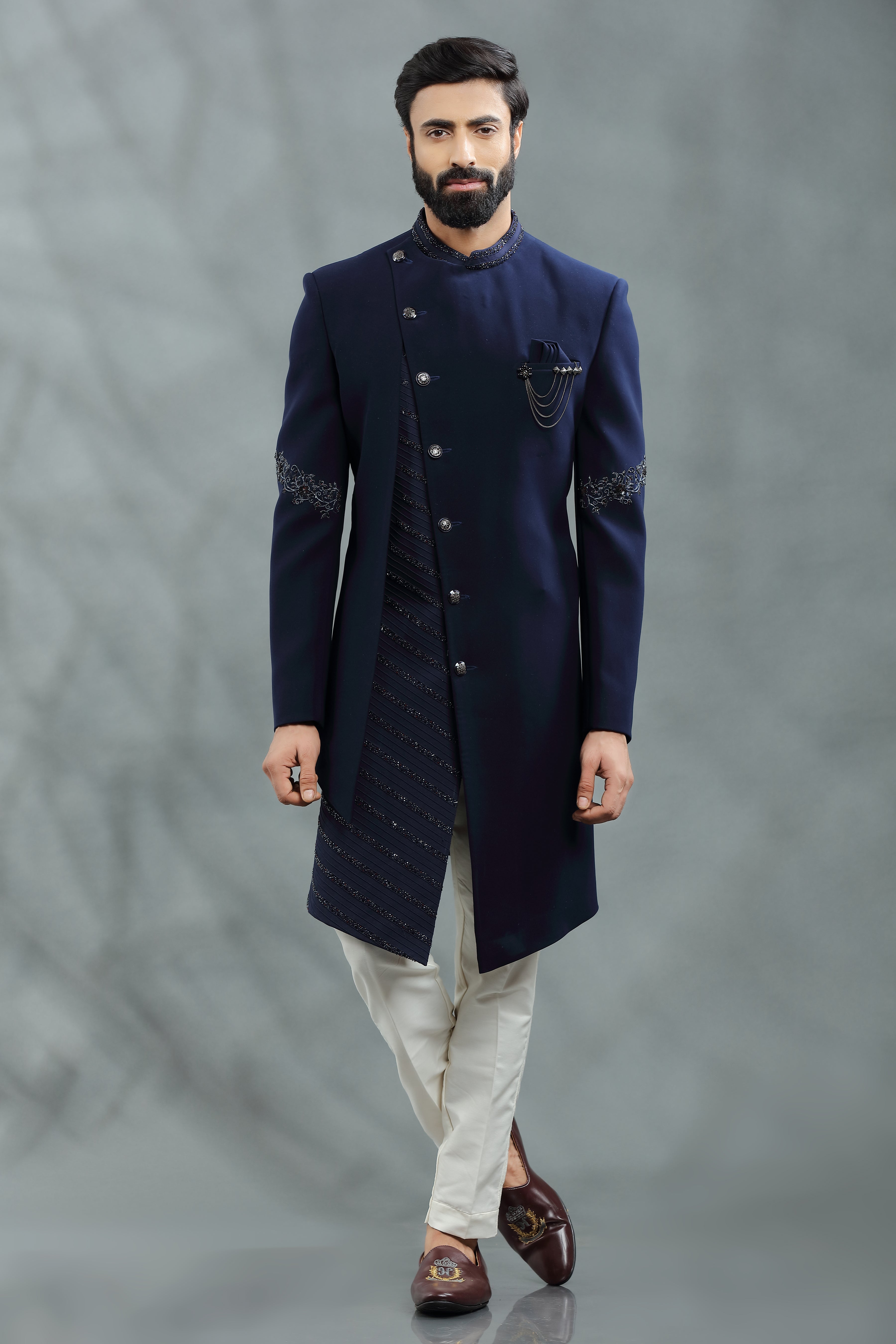 Navy blue Indo western silk jacket in sequins and thread work with Asymetric placket. - Shreeman
