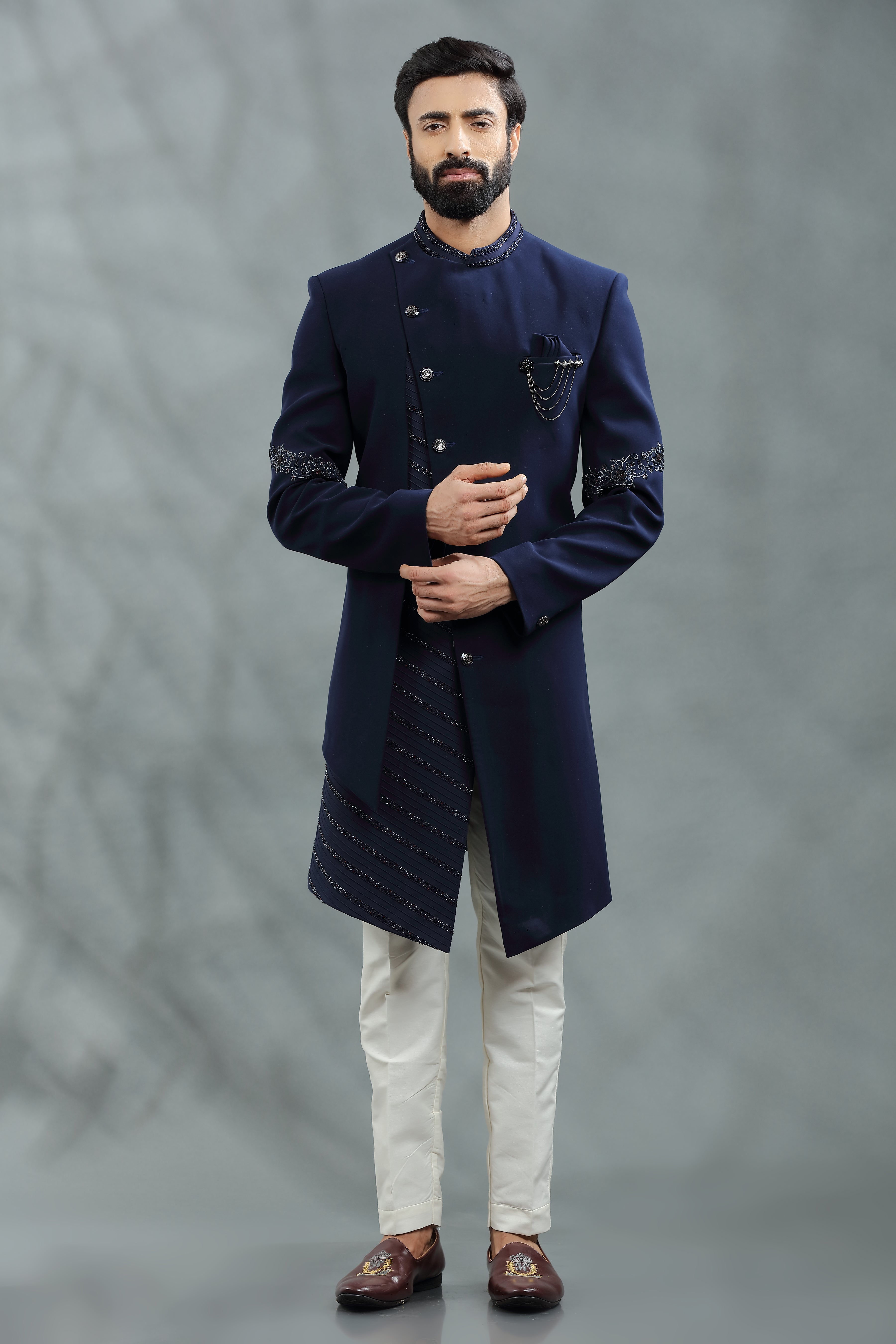 Navy blue Indo western silk jacket in sequins and thread work with Asymetric placket. - Shreeman