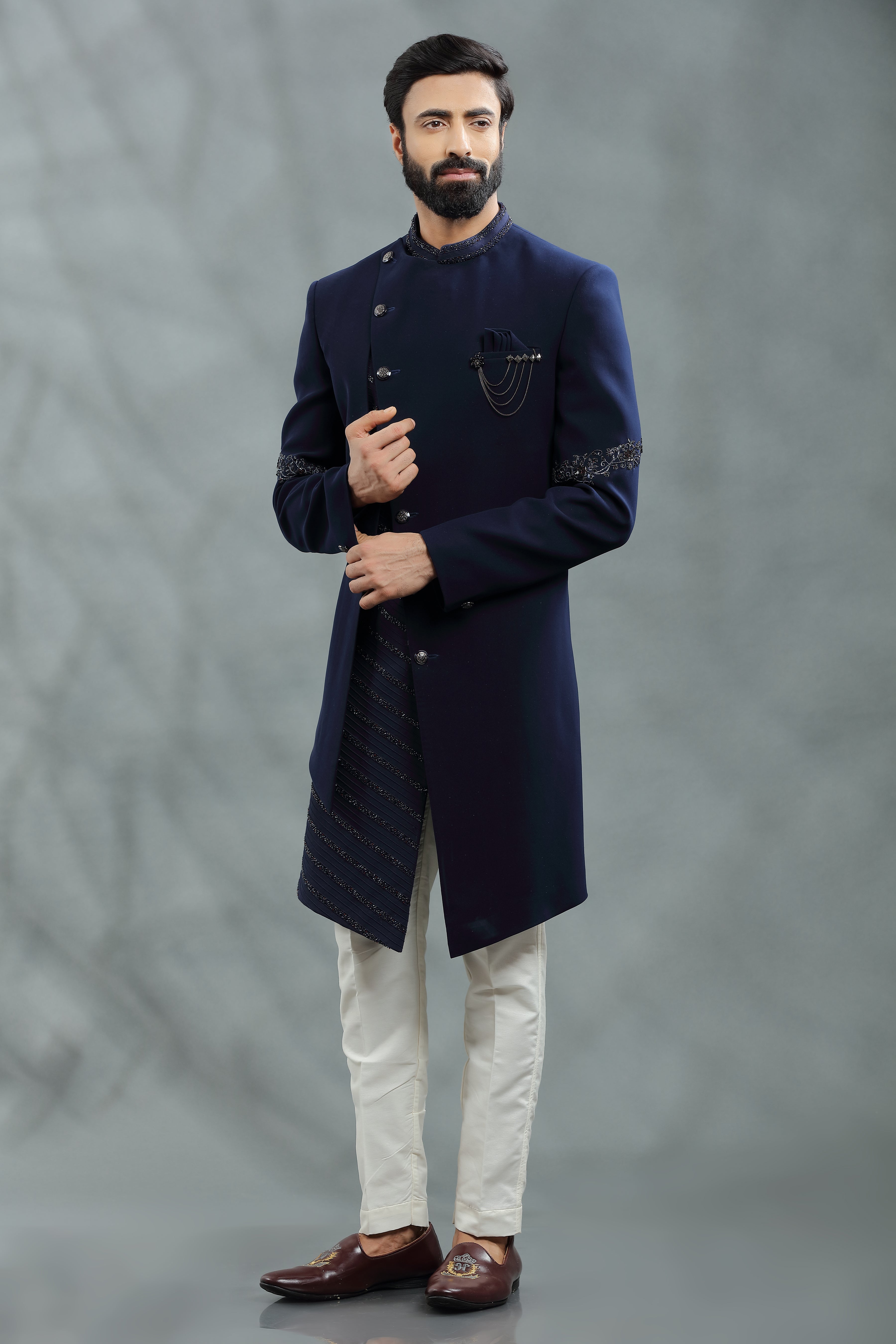 Navy blue Indo western silk jacket in sequins and thread work with Asymetric placket. - Shreeman