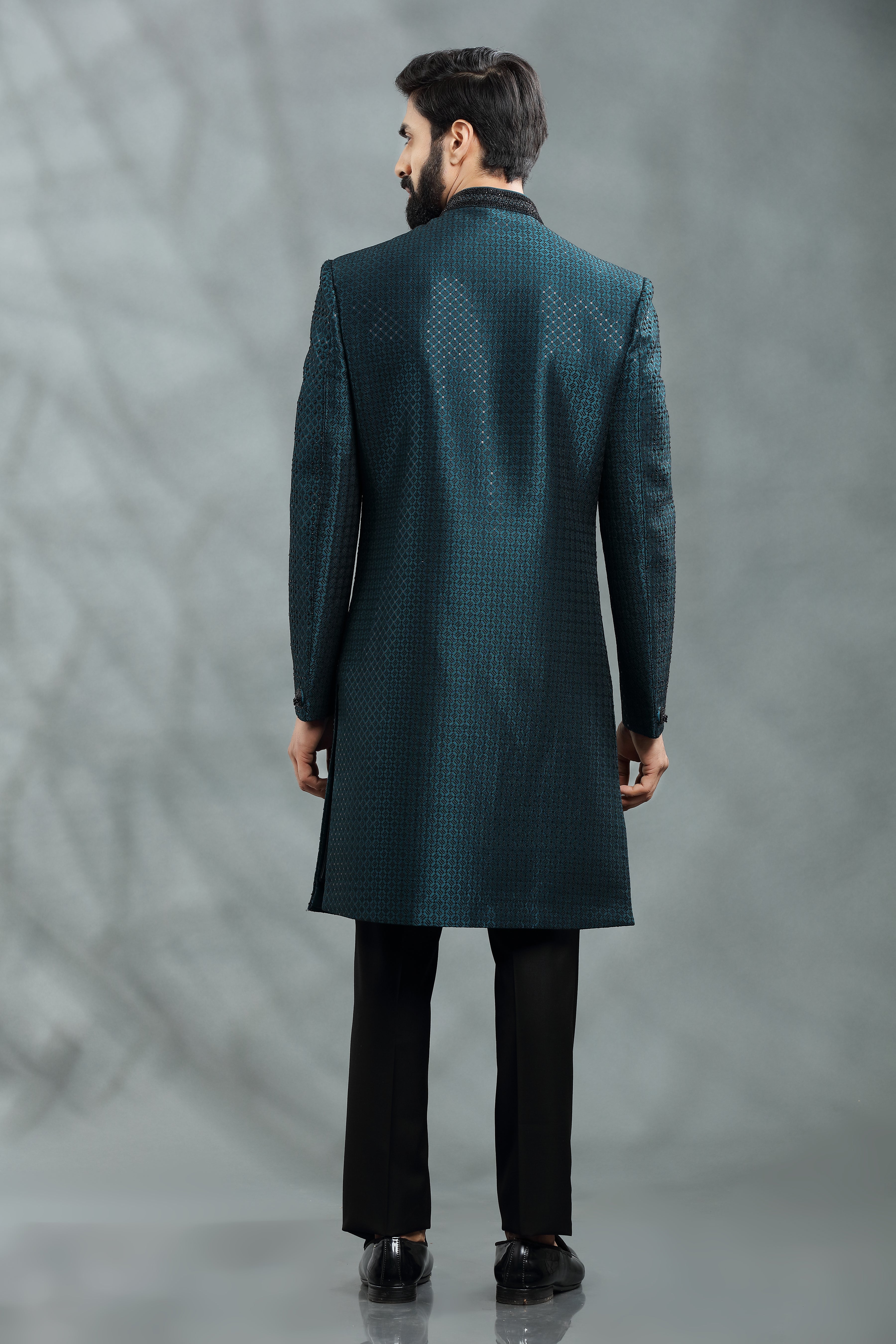 Dark Peacock Green and Black Double Layred open Jacket, Embroidered in Sequins. - Shreeman