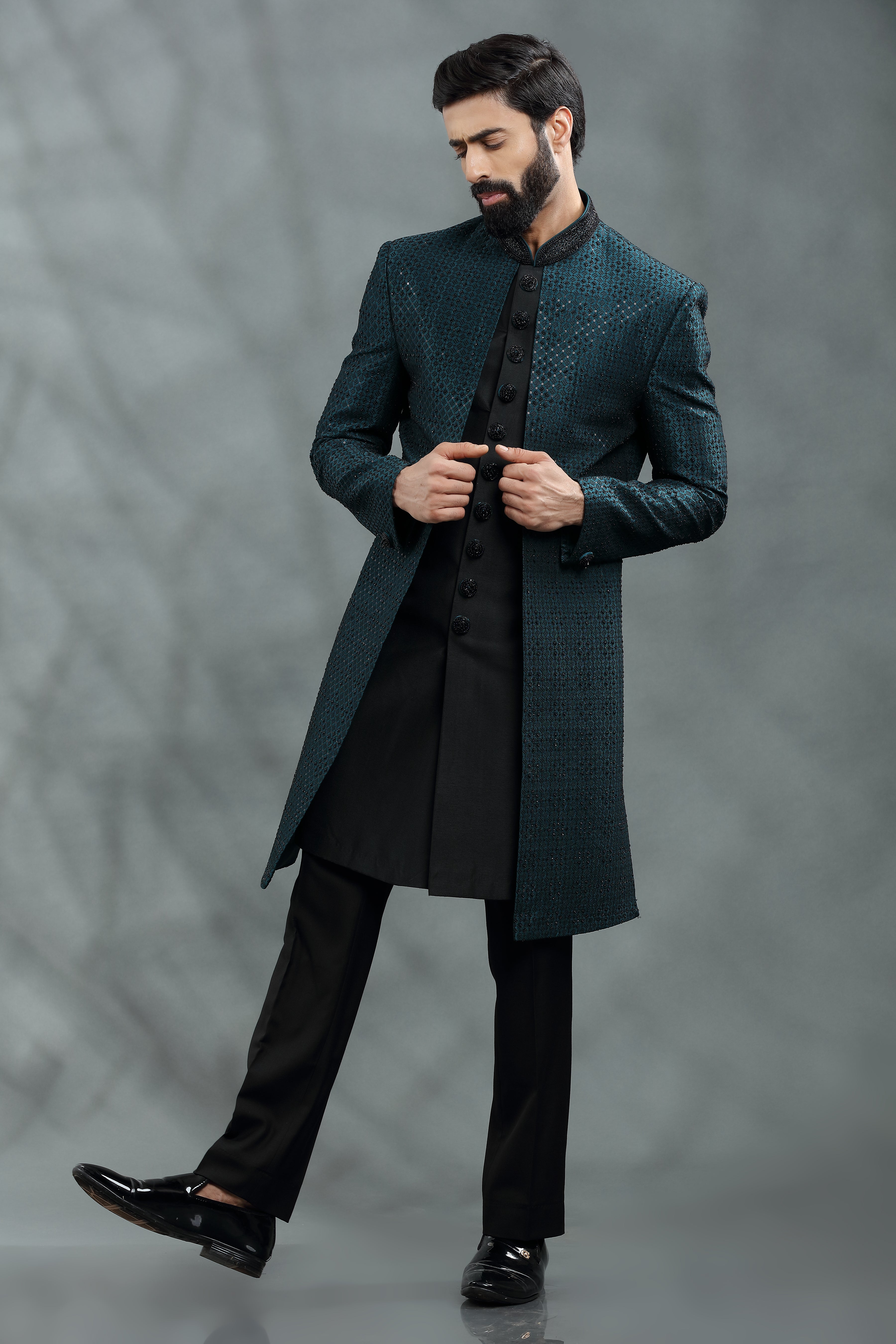 Dark Peacock Green and Black Double Layred open Jacket, Embroidered in Sequins. - Shreeman