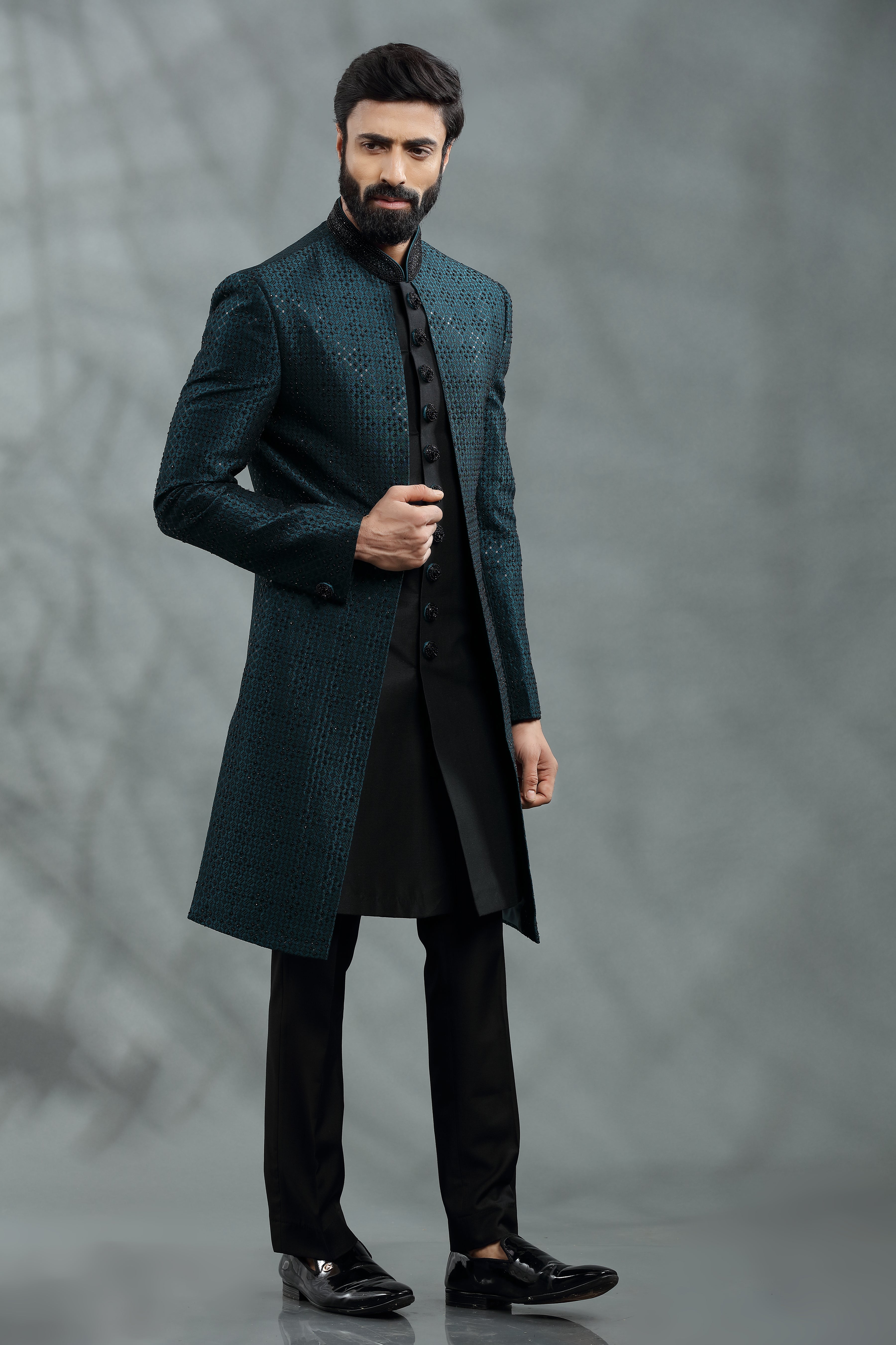 Dark Peacock Green and Black Double Layred open Jacket, Embroidered in Sequins. - Shreeman
