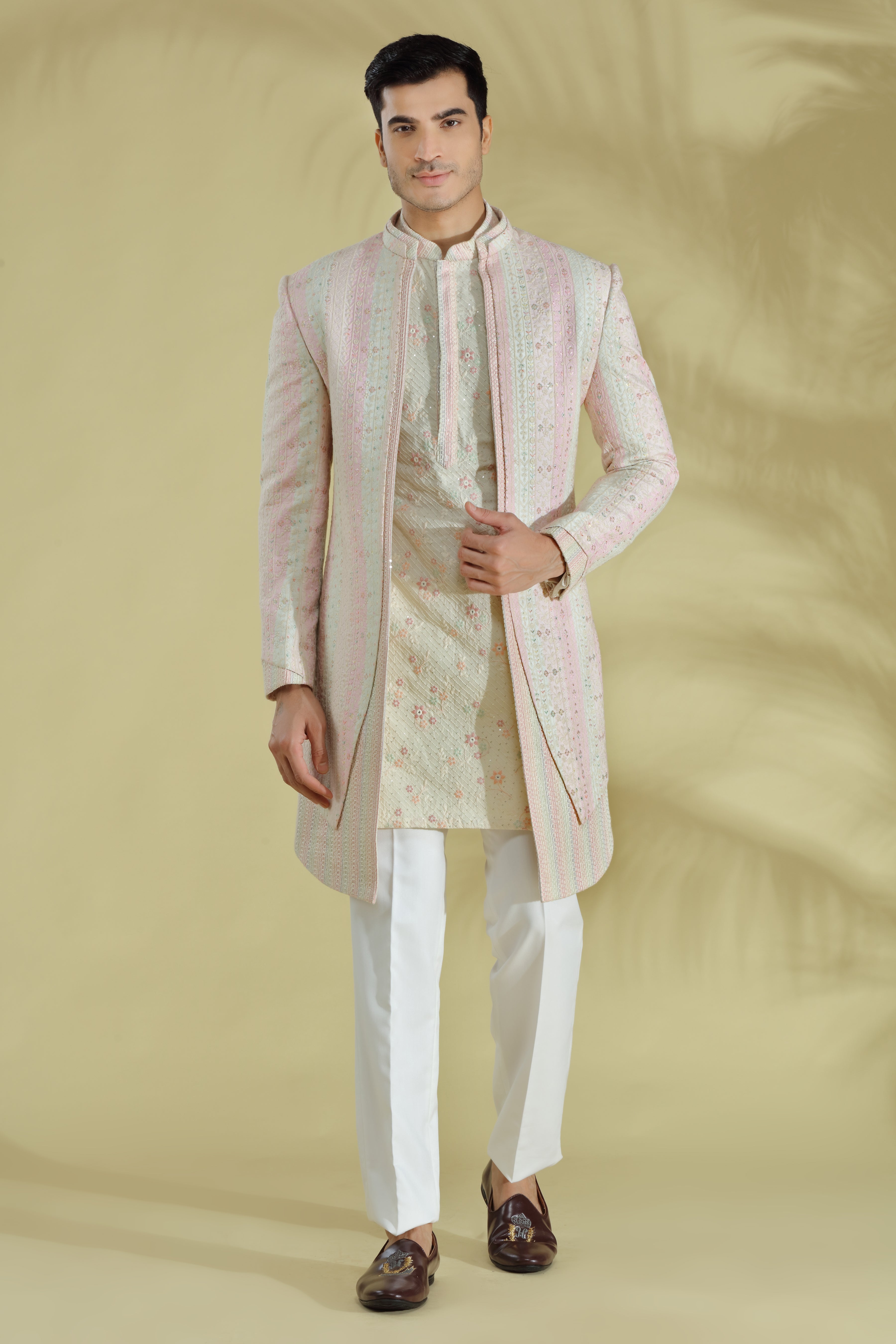 Pastel indowestern double layred jacket with short kurta , intricately embroidered with resham thread work and sequins. - Shreeman