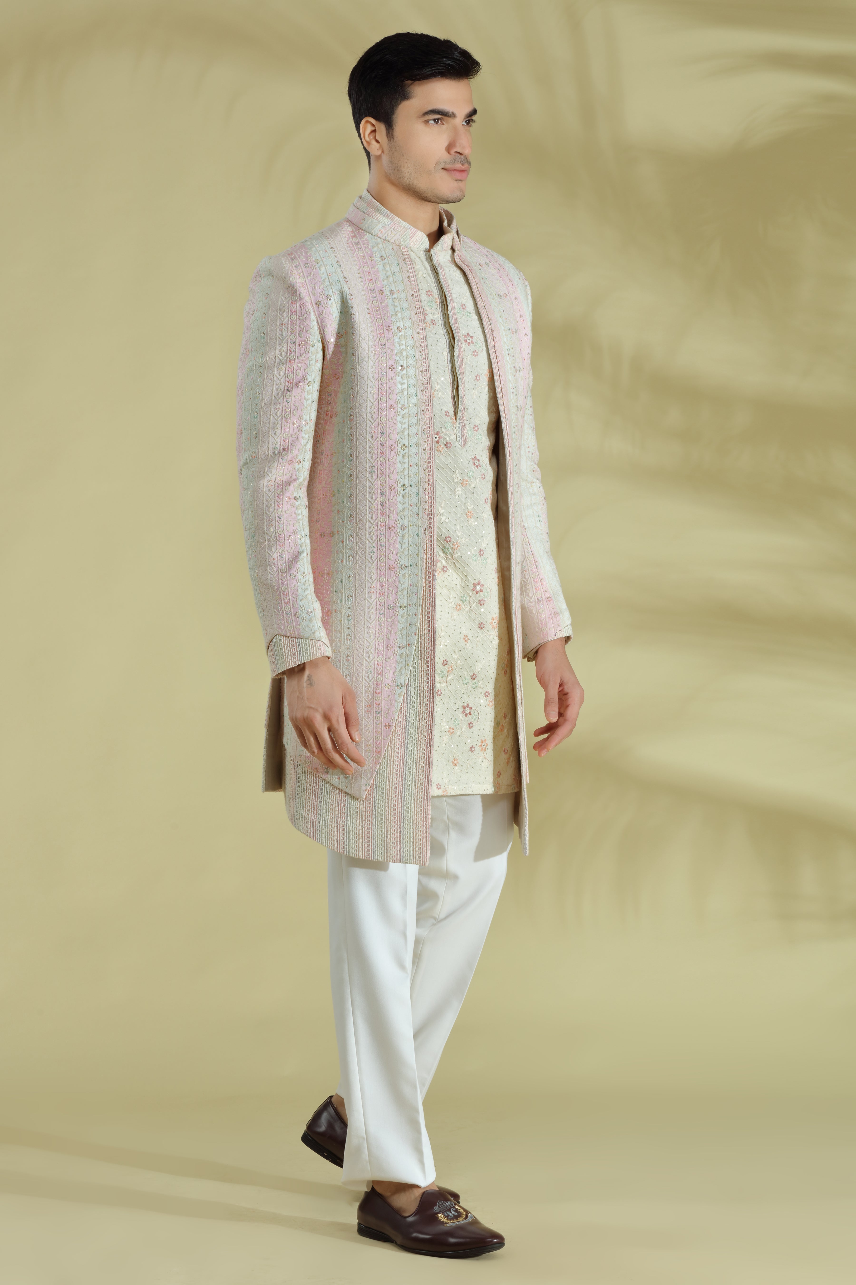 Pastel indowestern double layred jacket with short kurta , intricately embroidered with resham thread work and sequins. - Shreeman