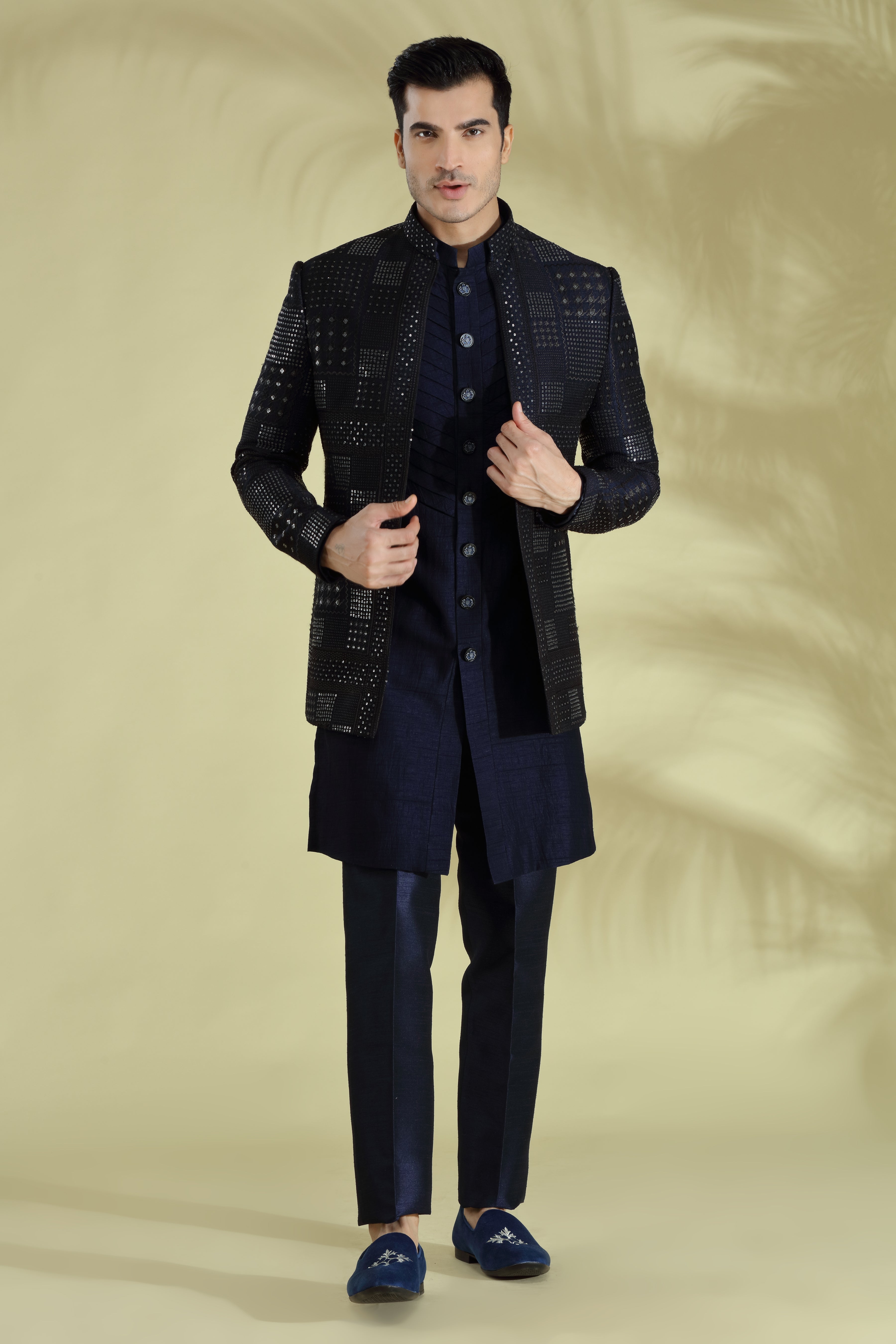 Dark Blue Indowestern set with self embroidered open jacket in resham threads and sequins work. - Shreeman