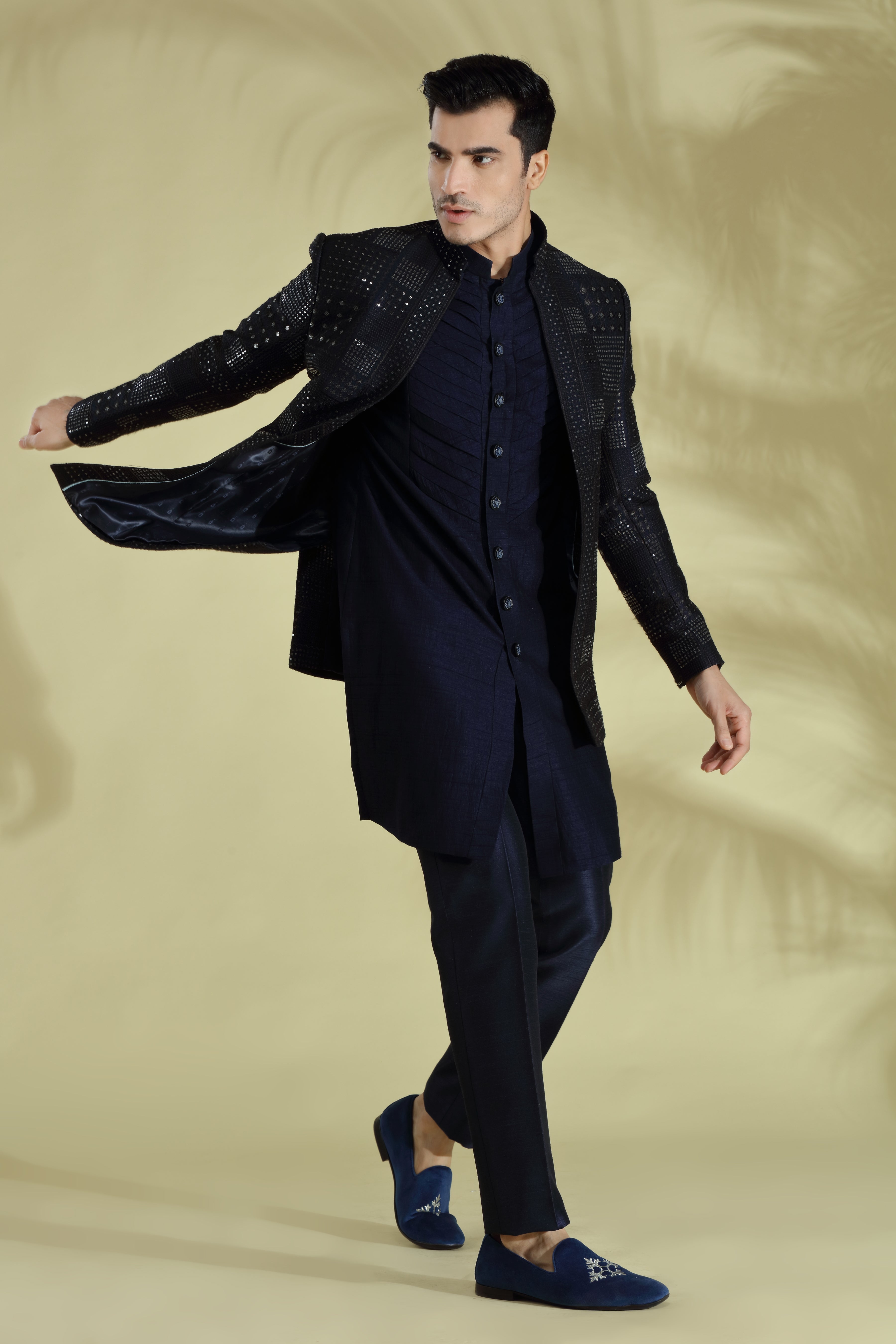 Dark Blue Indowestern set with self embroidered open jacket in resham threads and sequins work. - Shreeman