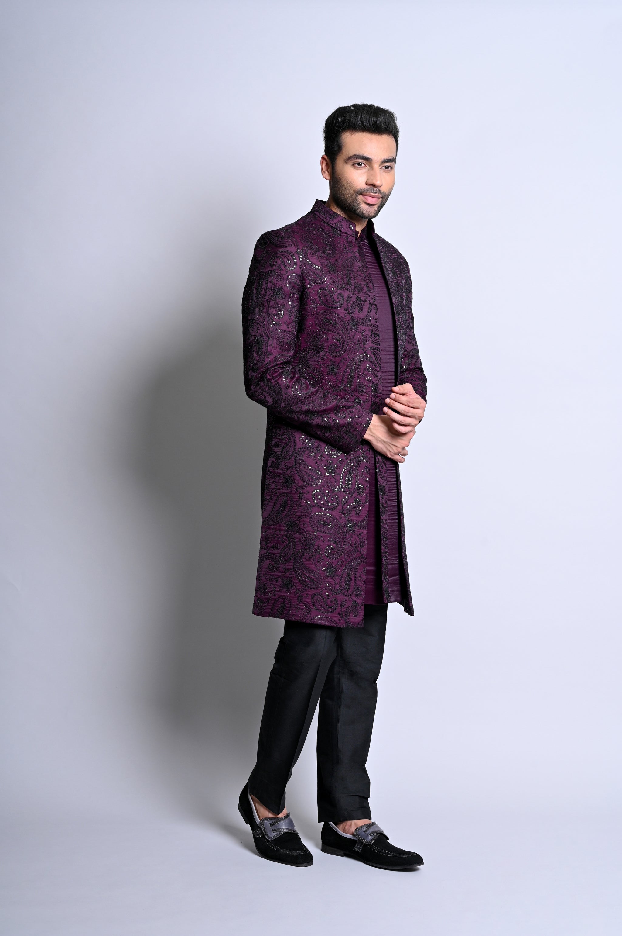 Purple Indowestern Art Silk Open Jacket Set With Thread Sequins