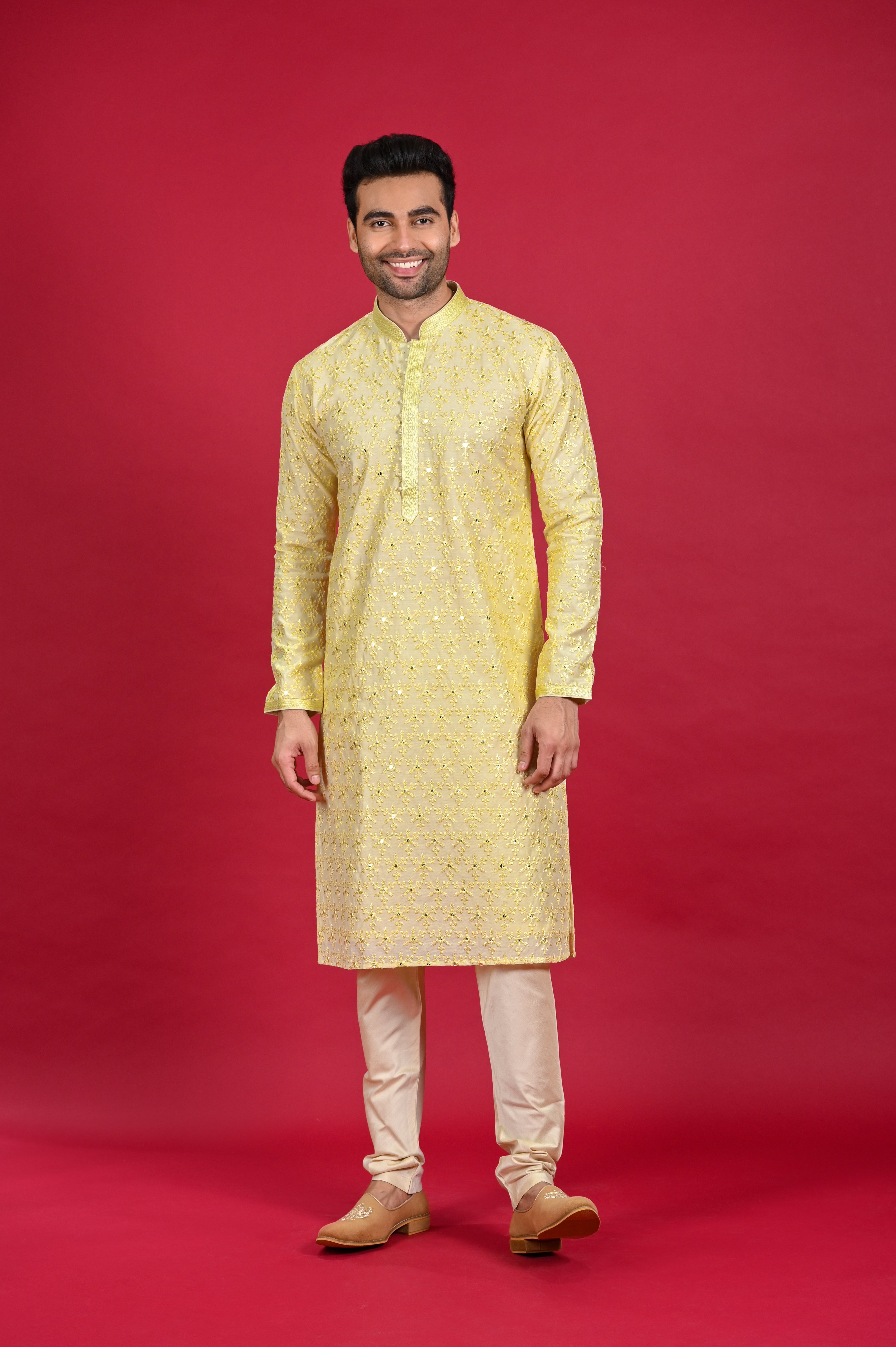 Pastel Yellow Kurta Set for Haldi in Silk | Shreeman