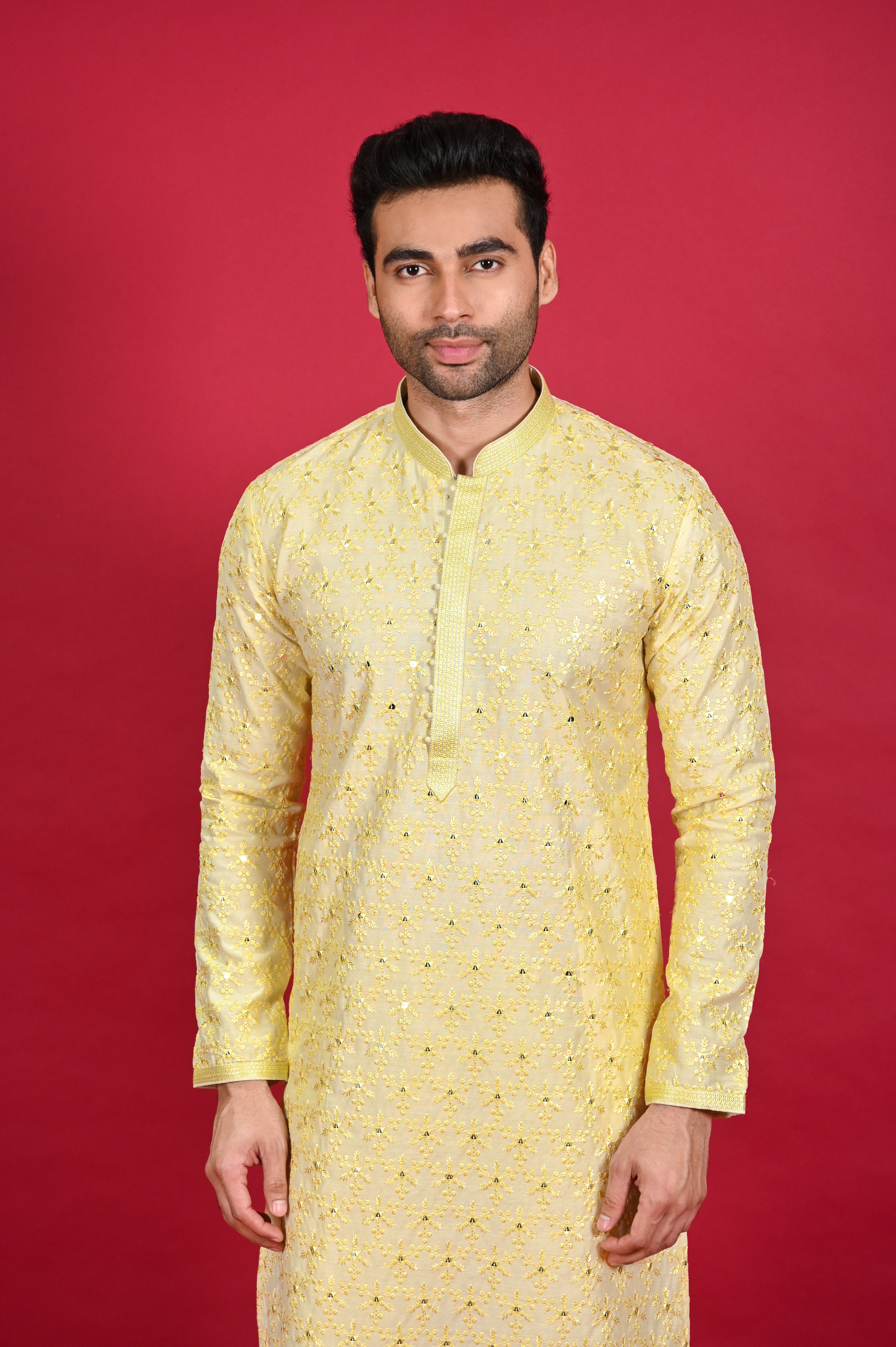 Pastel Yellow Kurta Set for Haldi in Silk | Shreeman