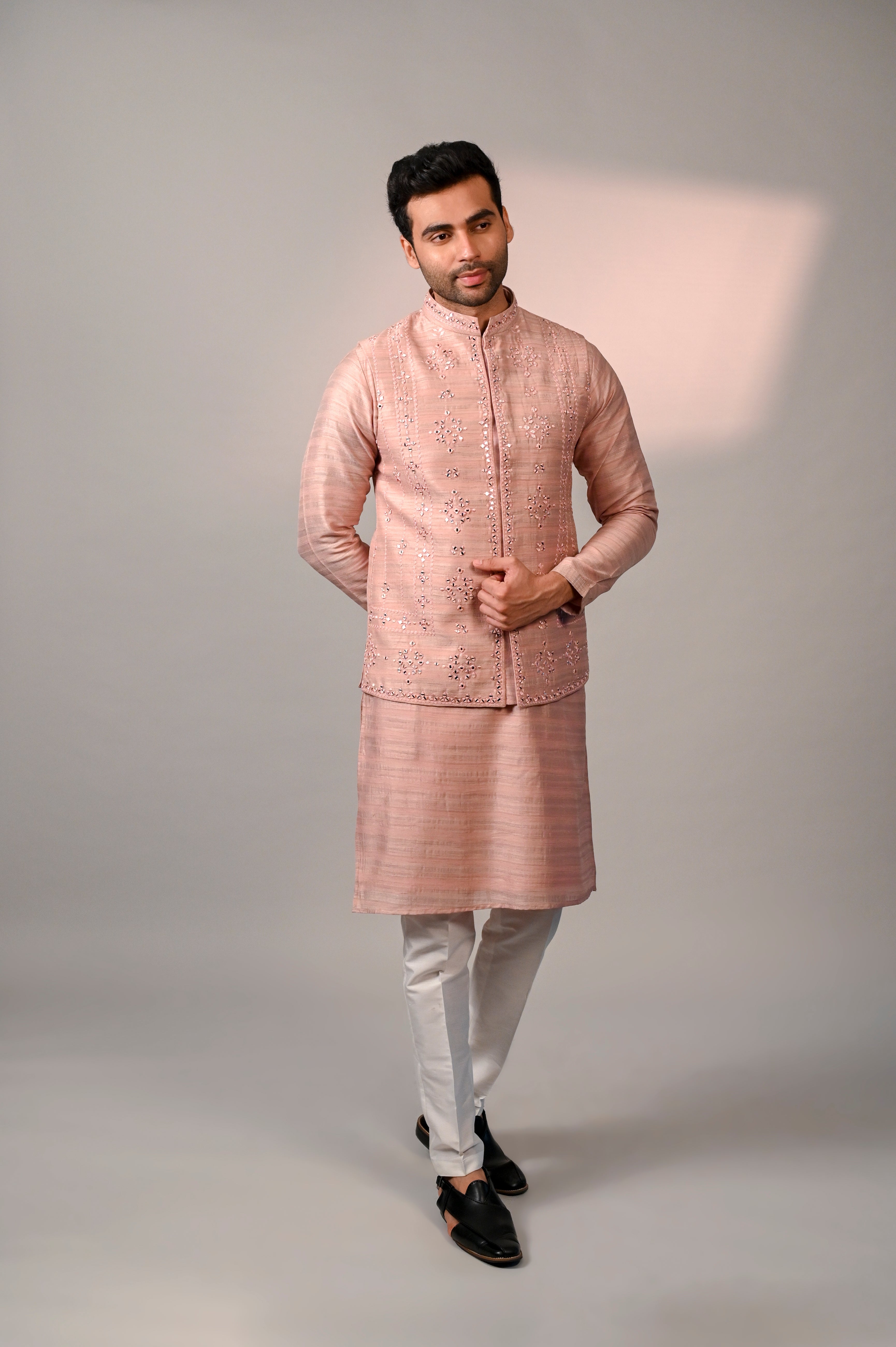 Peach Short Jacket Kurta Set with Mirror Work | Shreeman