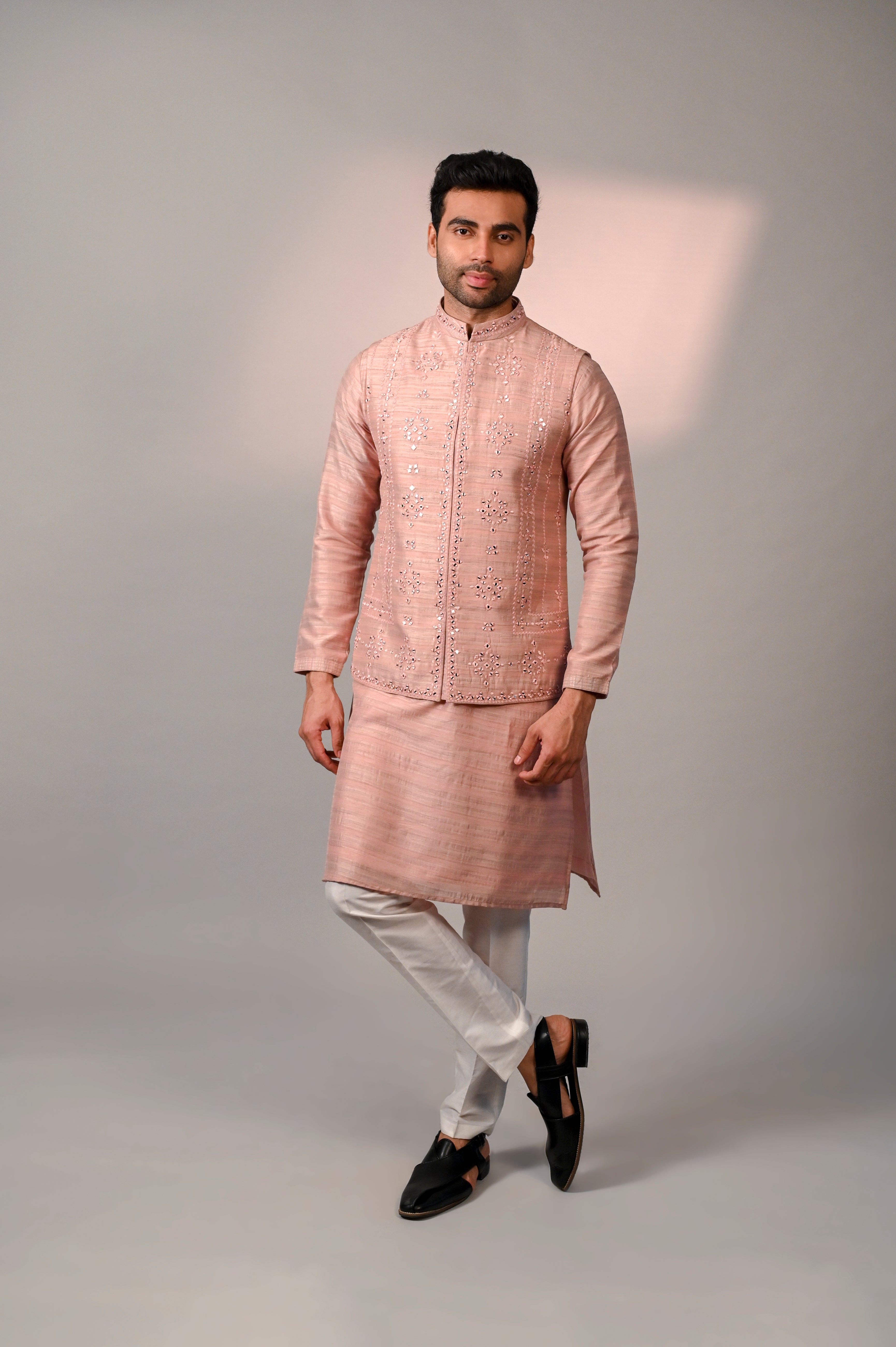 Peach Short Jacket Kurta Set with Mirror Work | Shreeman