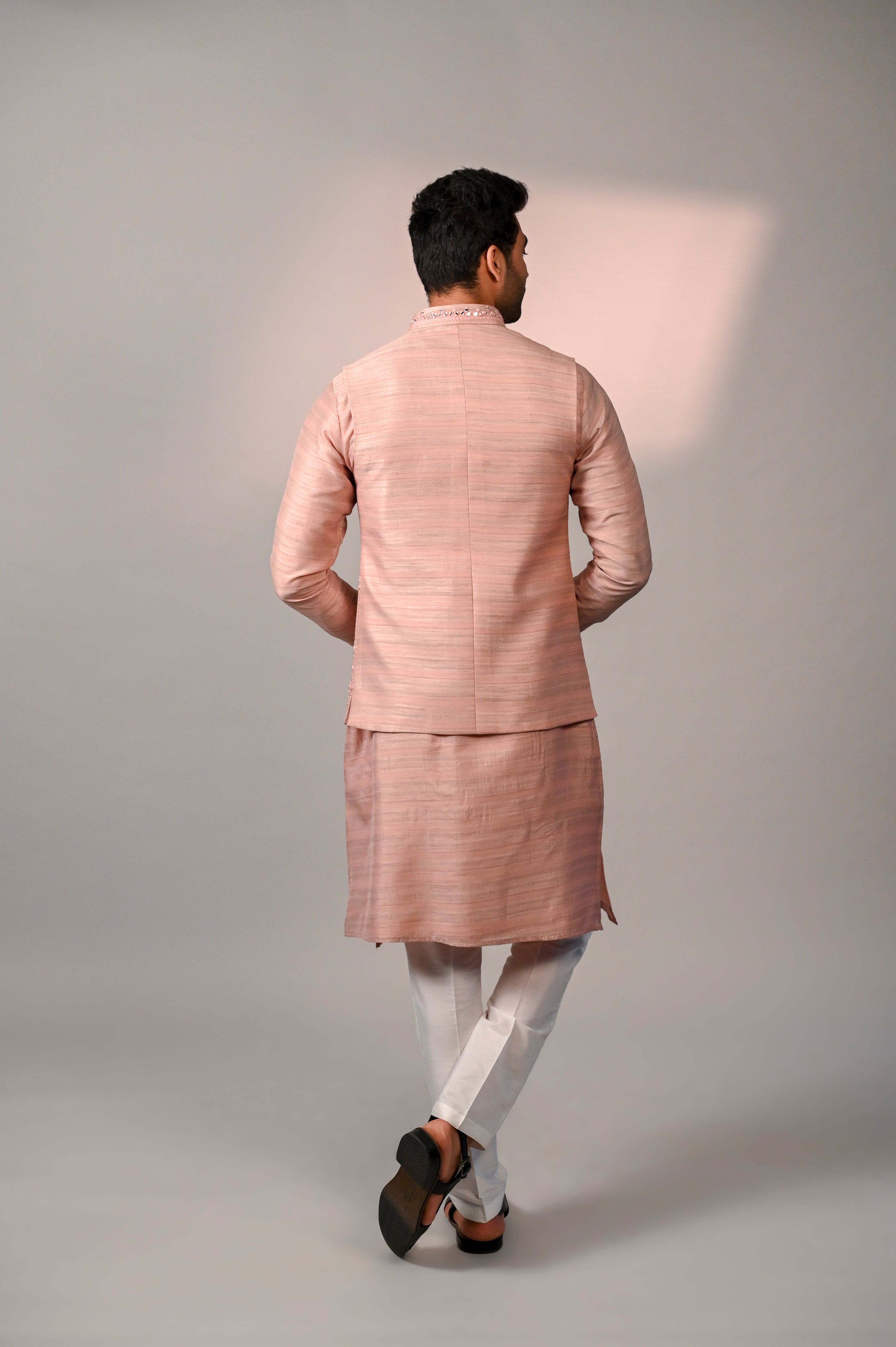 Peach Short Jacket Kurta Set with Mirror Work | Shreeman