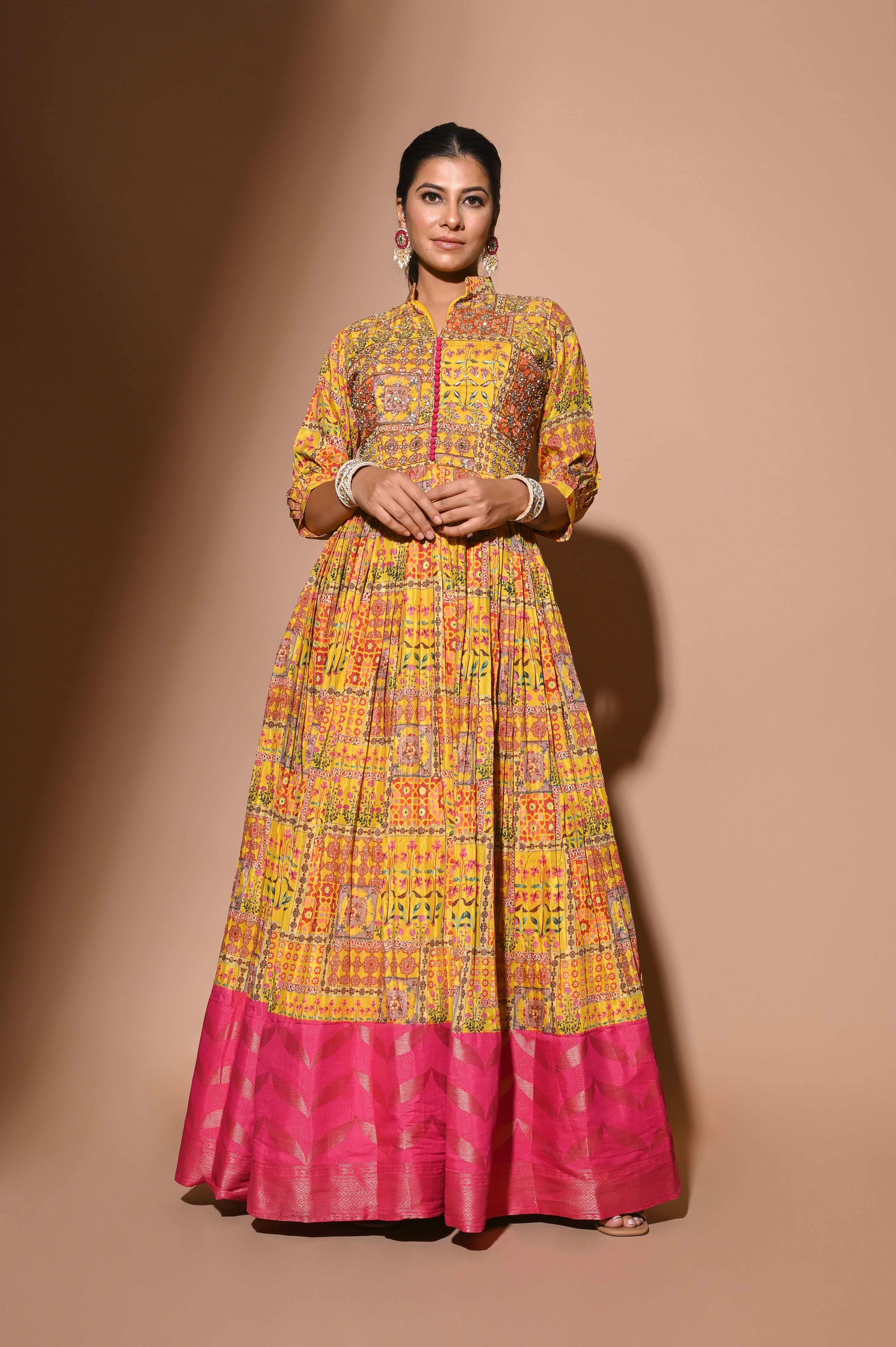 Mehendi Silk Gown WIth Ajrakh Print Fabric | Shreeman