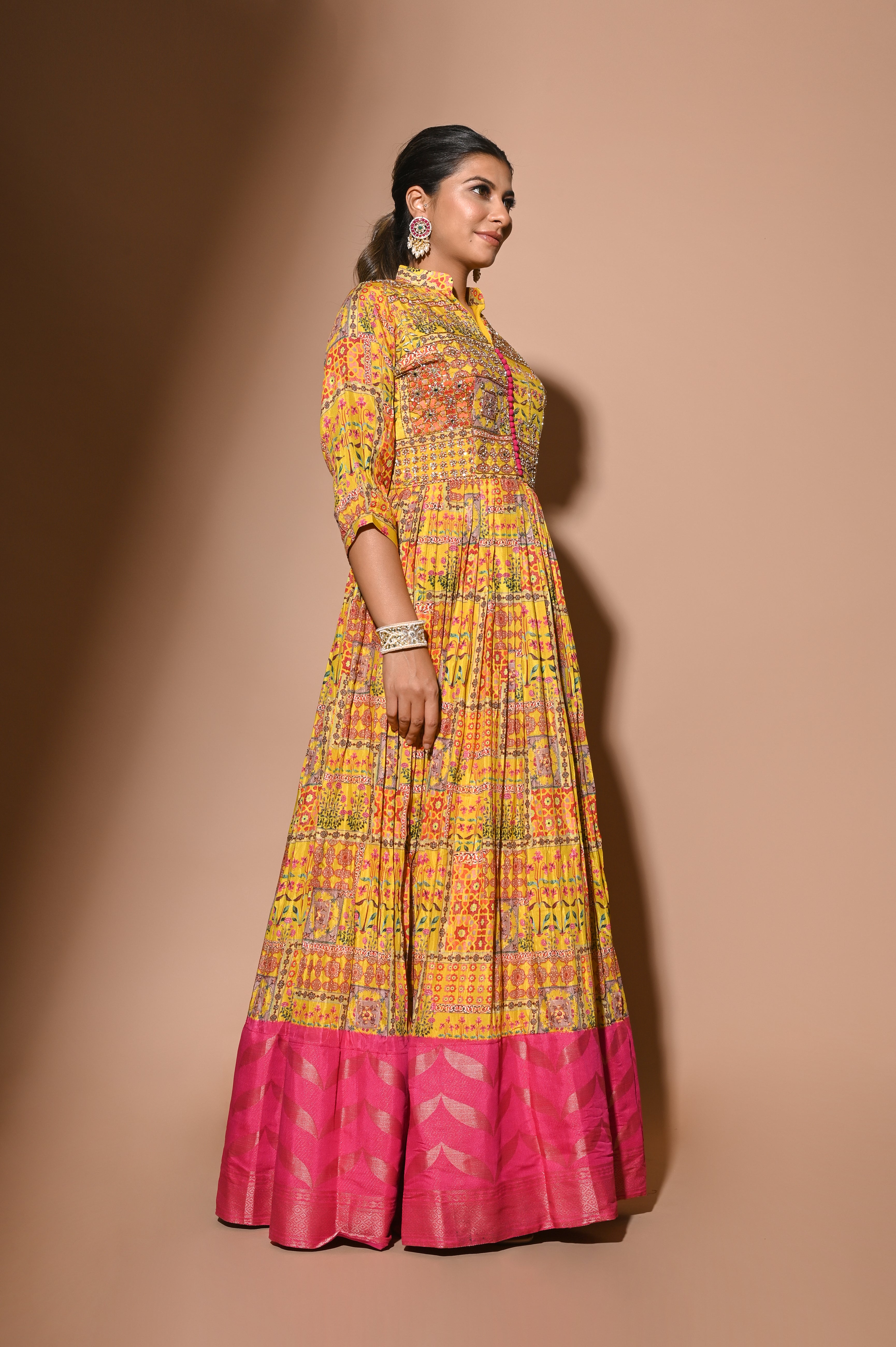 Mehendi Silk Gown WIth Ajrakh Print Fabric | Shreeman