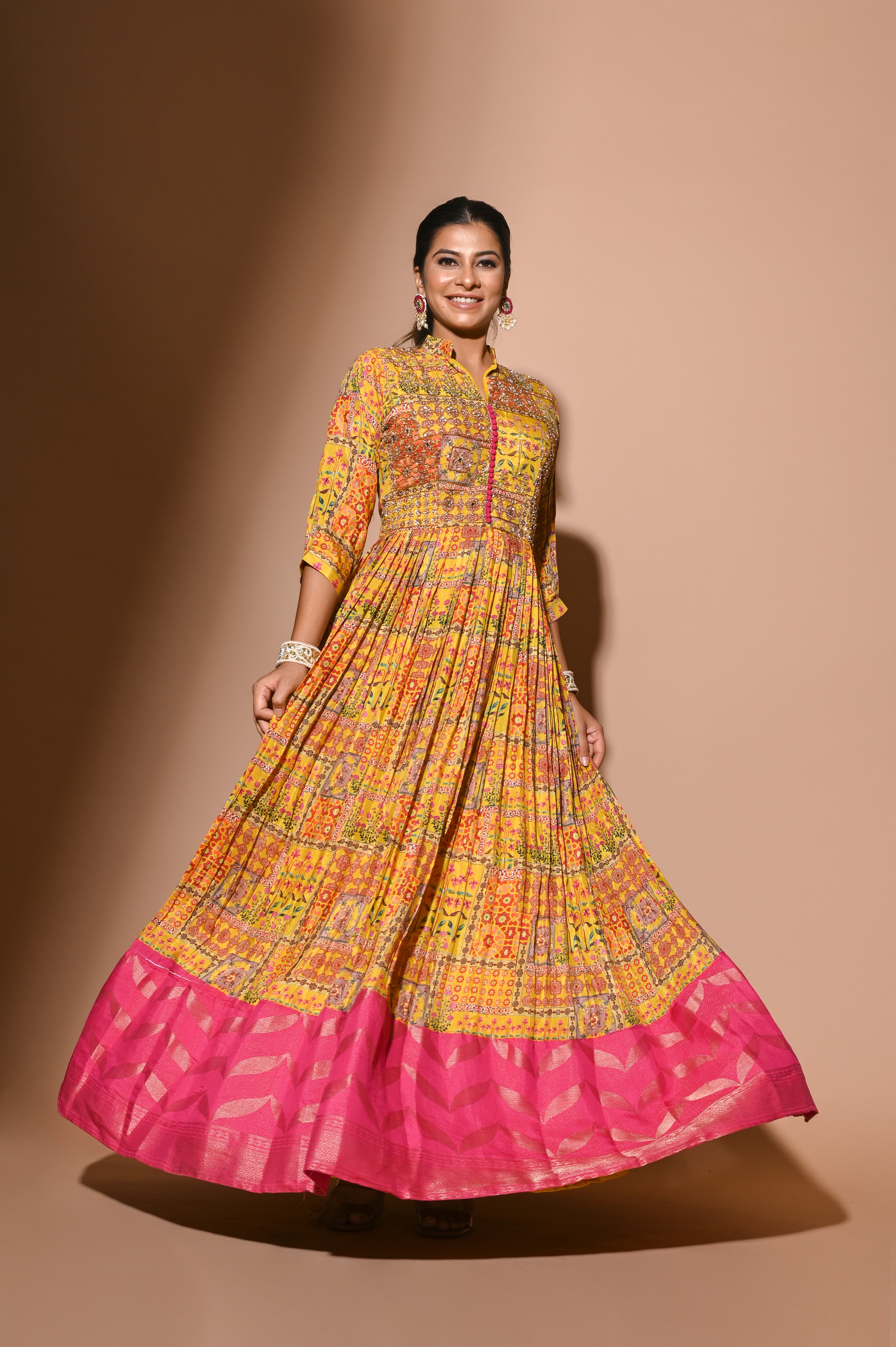 Mehendi Silk Gown WIth Ajrakh Print Fabric | Shreeman
