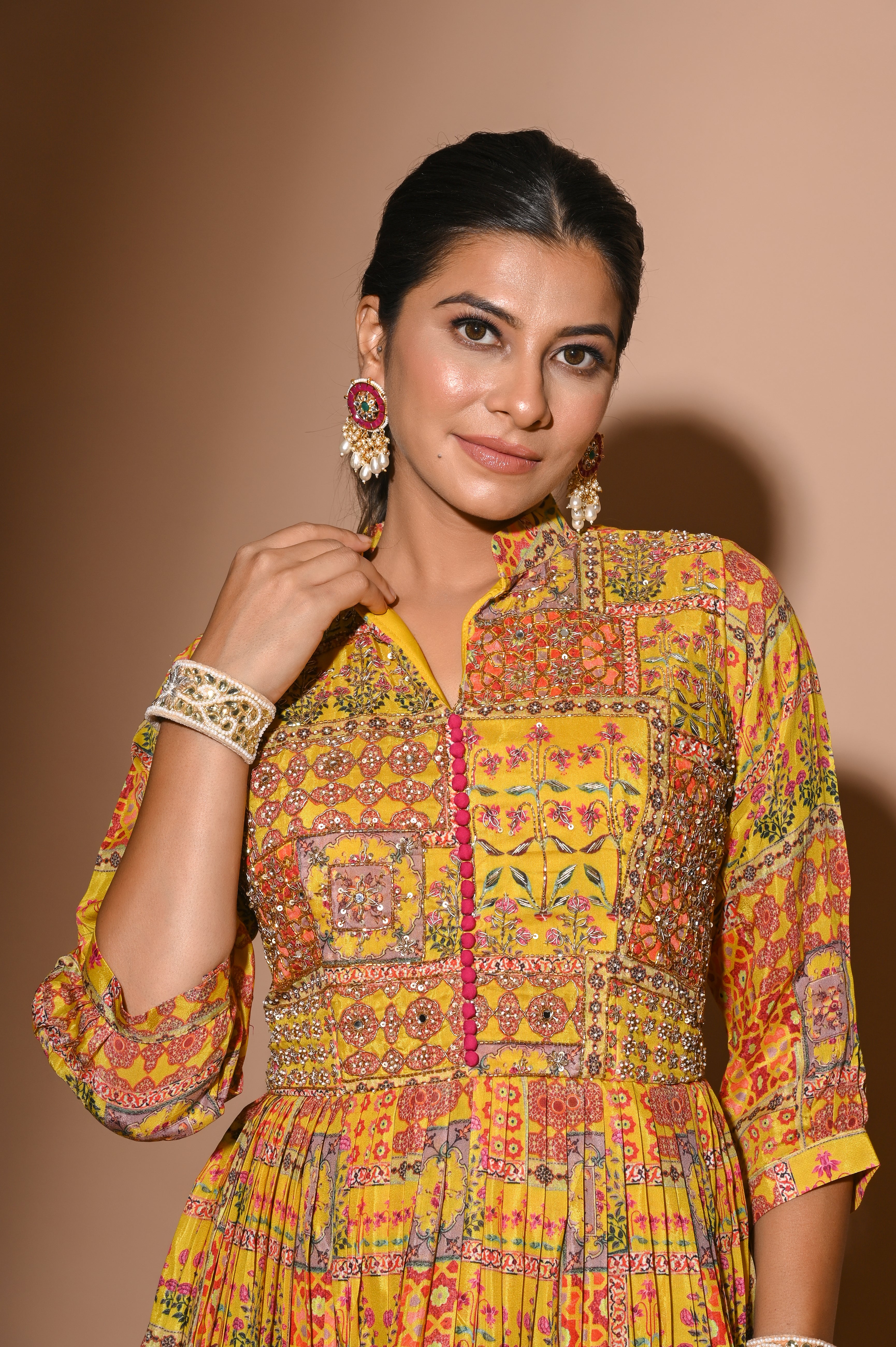 Mehendi Silk Gown WIth Ajrakh Print Fabric | Shreeman