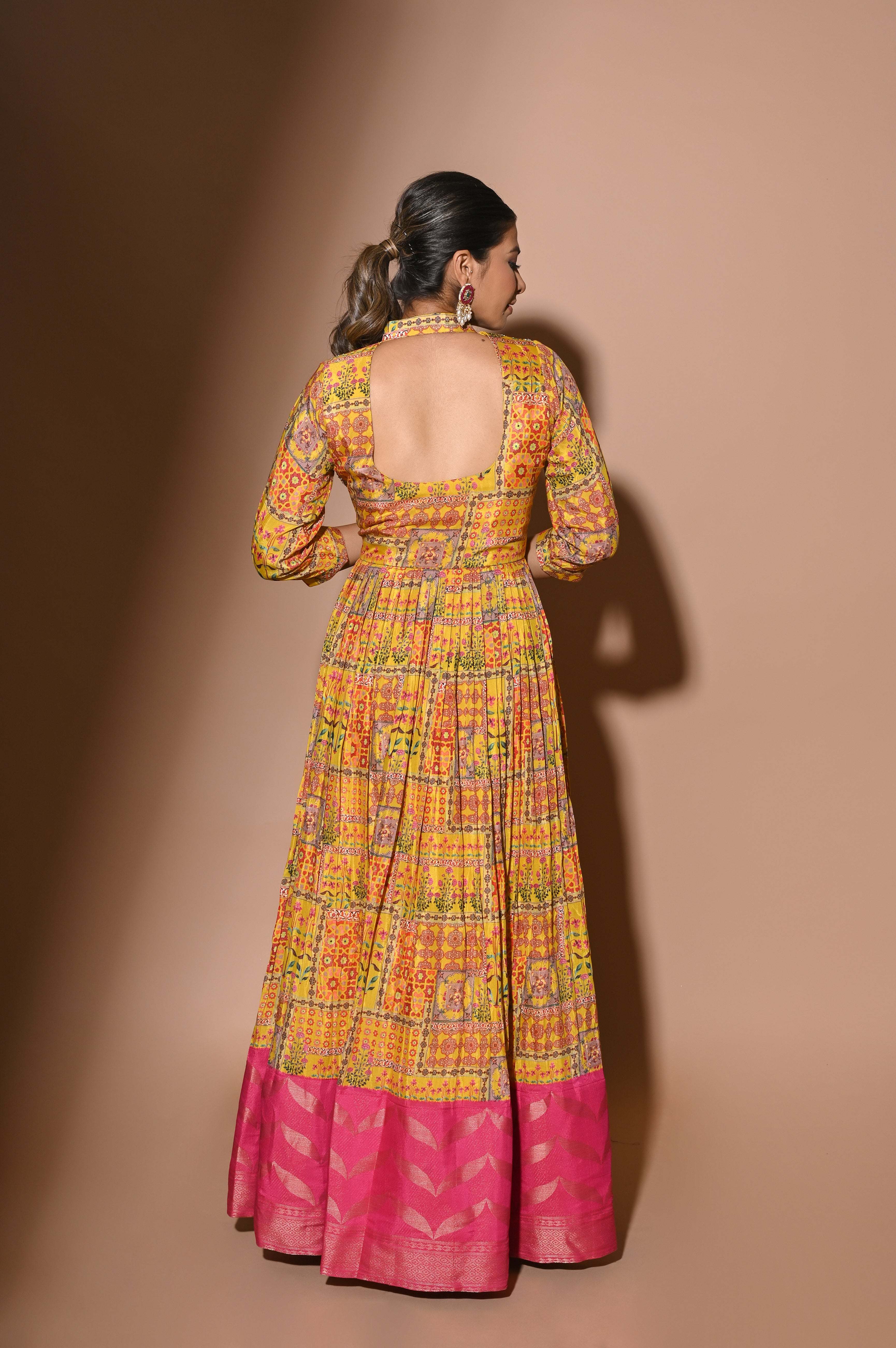 Mehendi Silk Gown WIth Ajrakh Print Fabric | Shreeman