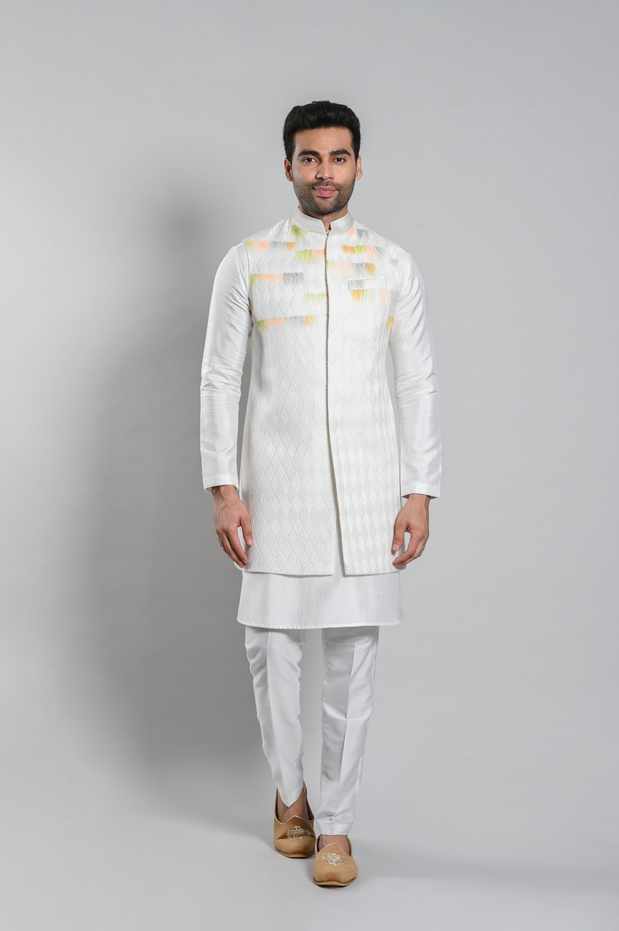 Cream Slim Fit Long Koti Kurta Set in Silk