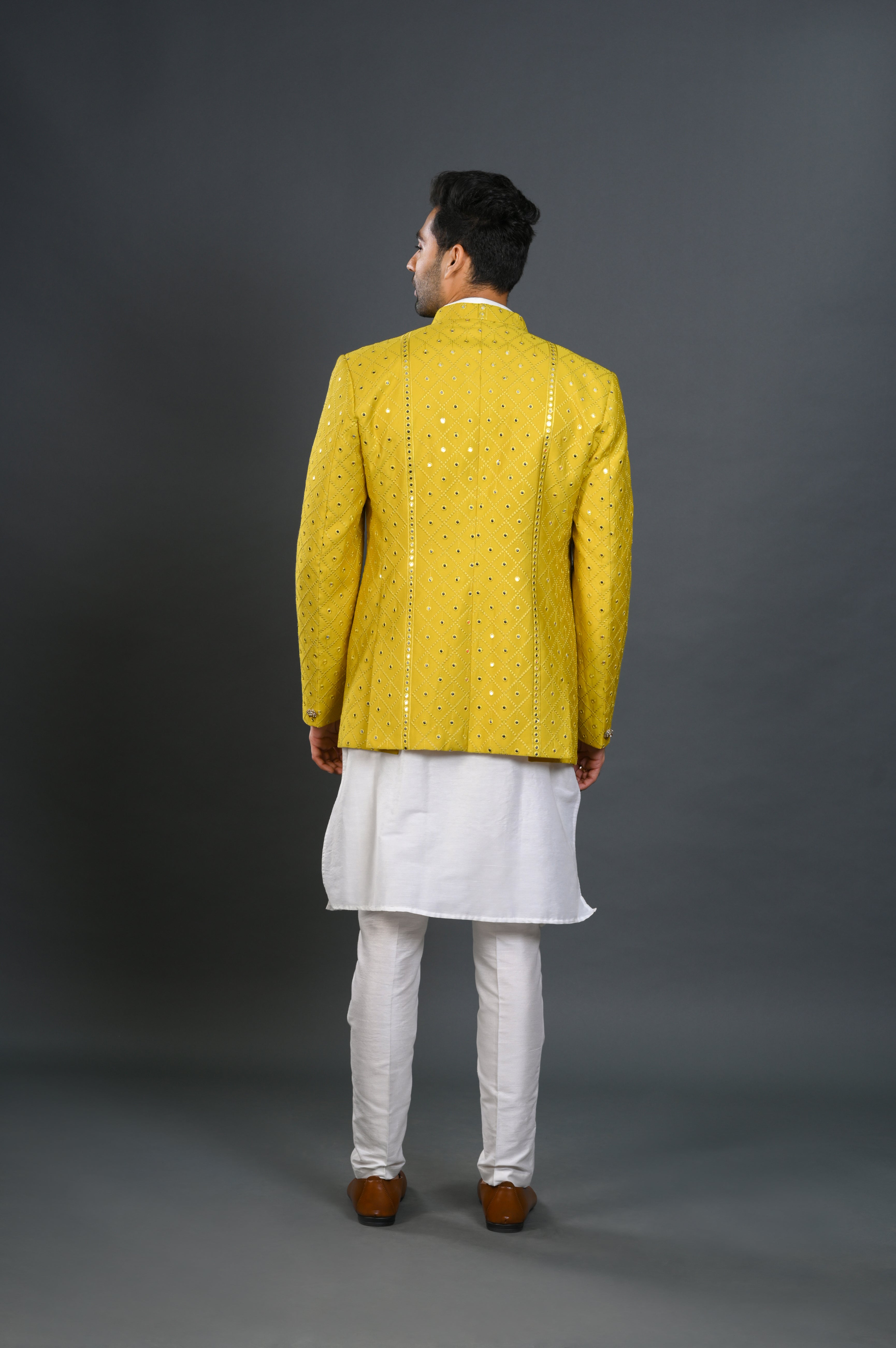 Yellow Silk Indowestern Set With Lucknowi Embroidery & Mirror Work | Shreeman