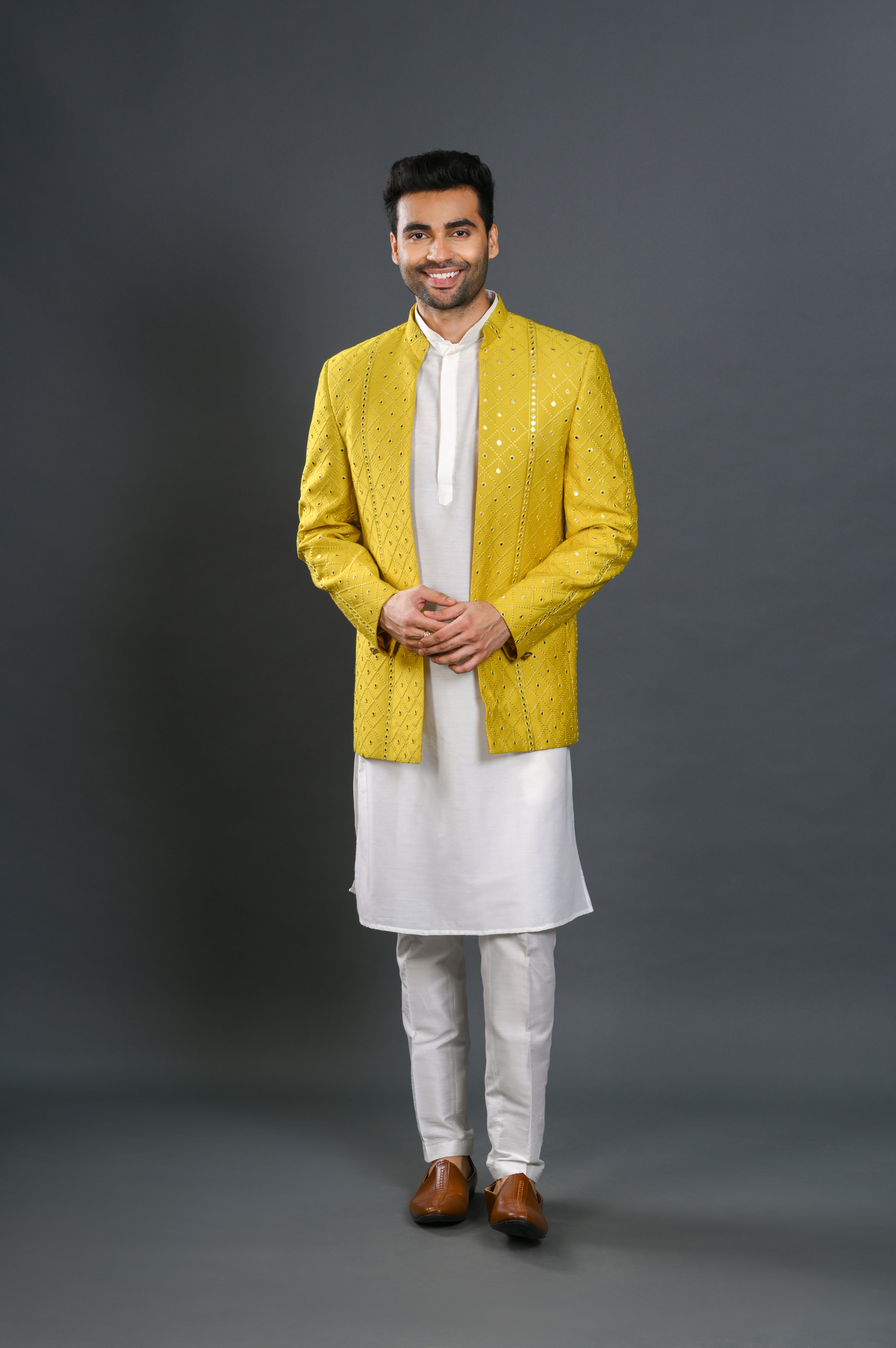 Yellow Silk Indowestern Set With Lucknowi Embroidery & Mirror Work | Shreeman
