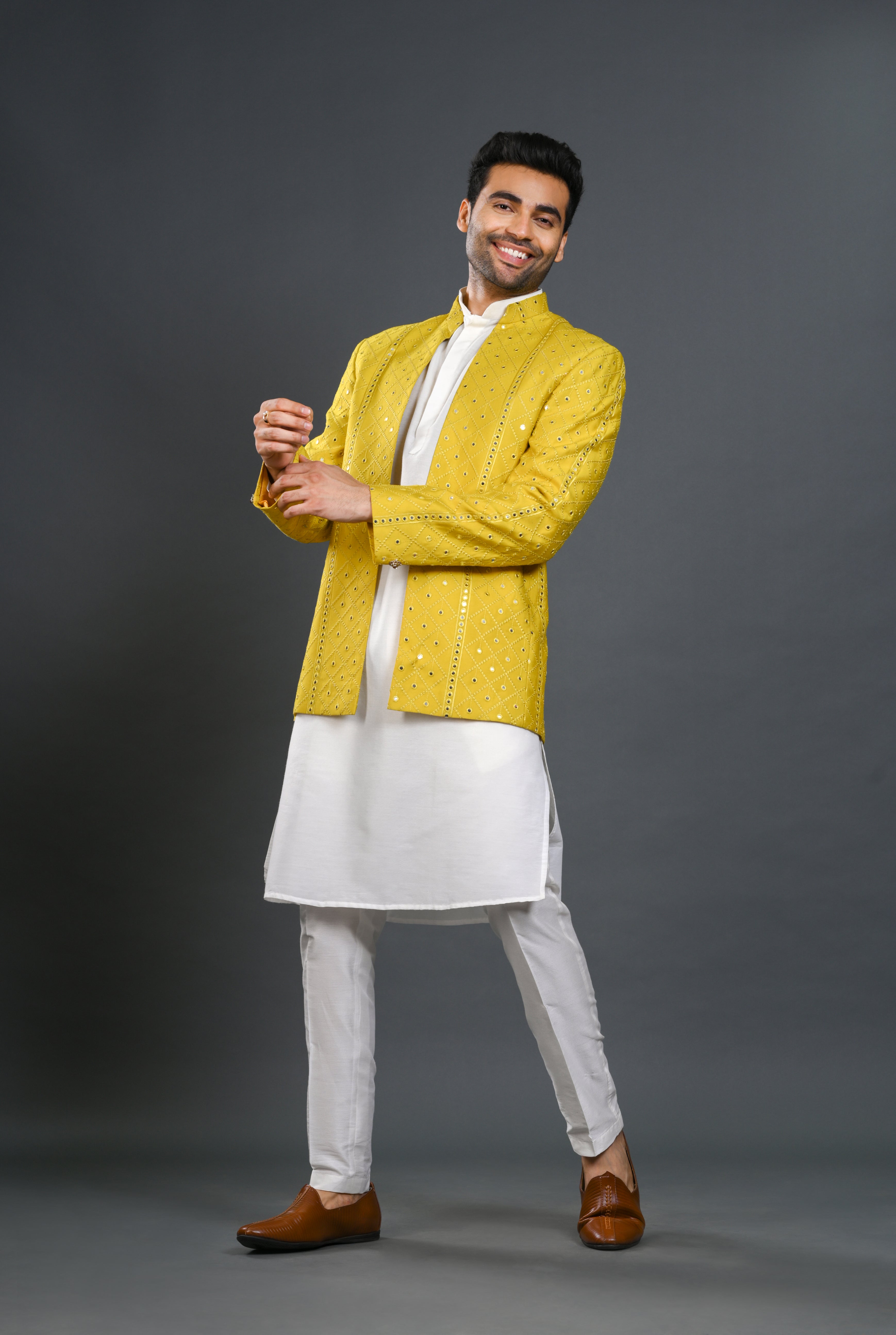 Yellow Silk Indowestern Set With Lucknowi Embroidery & Mirror Work | Shreeman