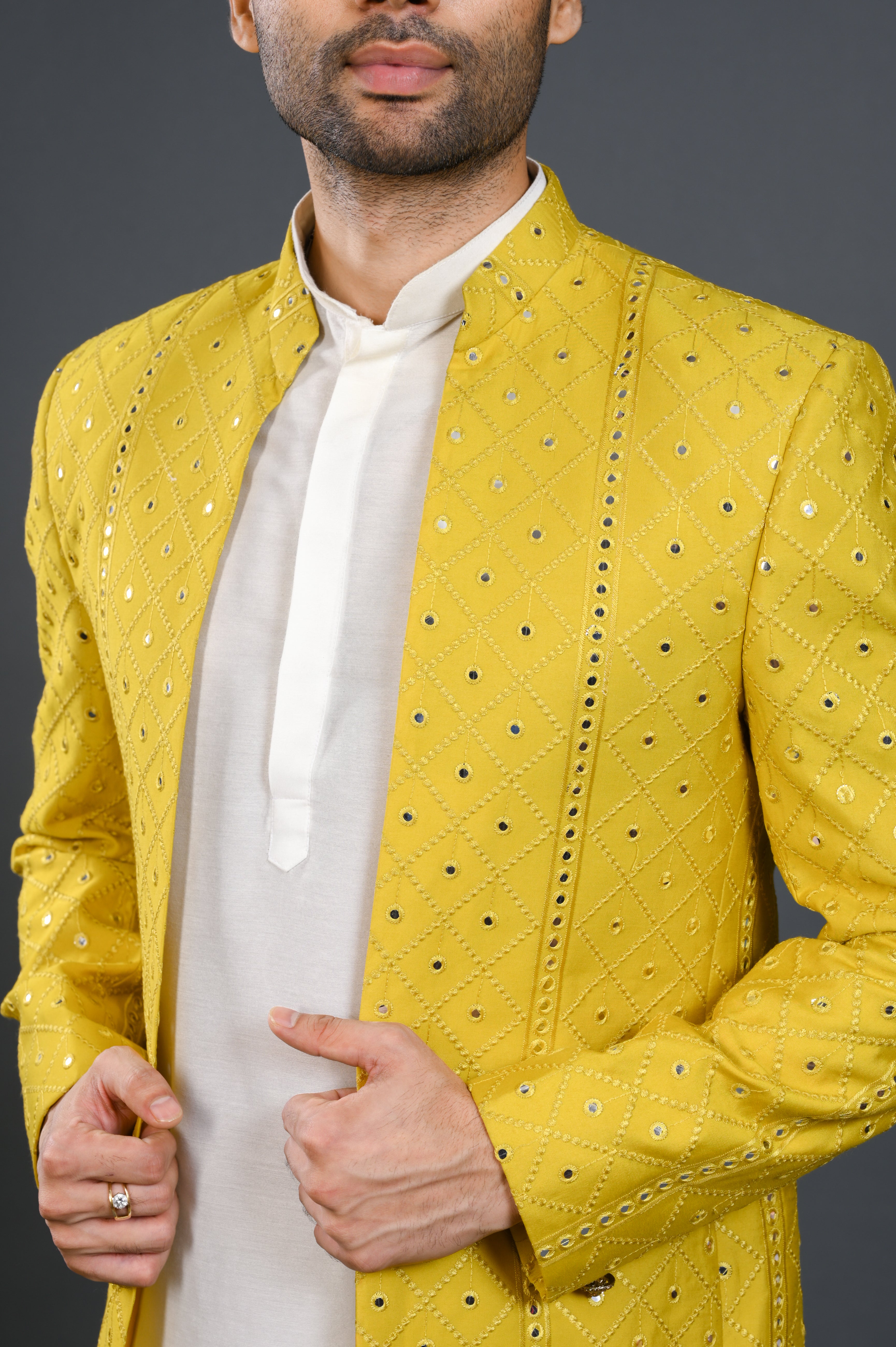 Yellow Silk Indowestern Set With Lucknowi Embroidery & Mirror Work | Shreeman