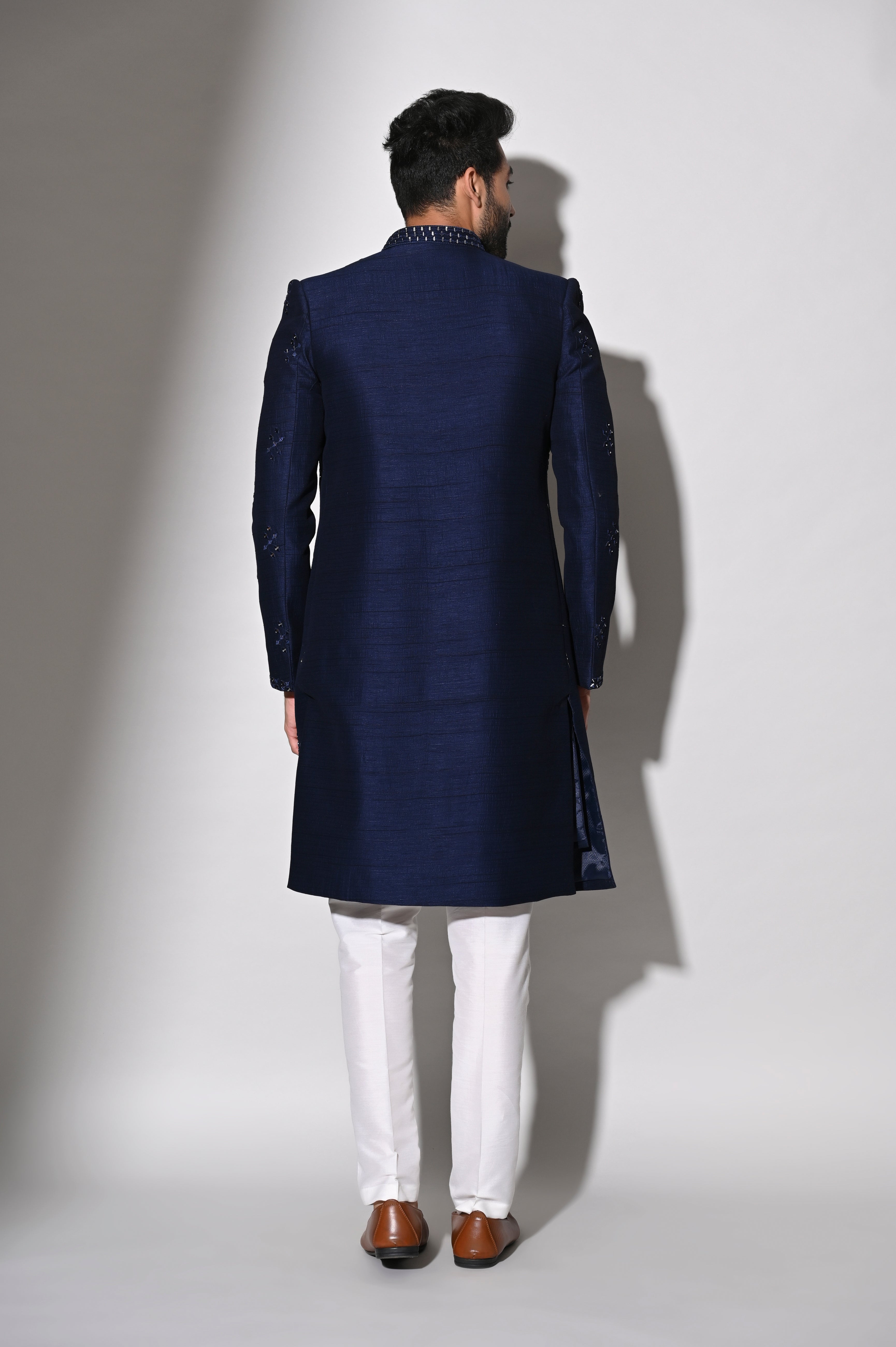 Royal Blue Indo Western Set in Dupyon Silk | Shreeman