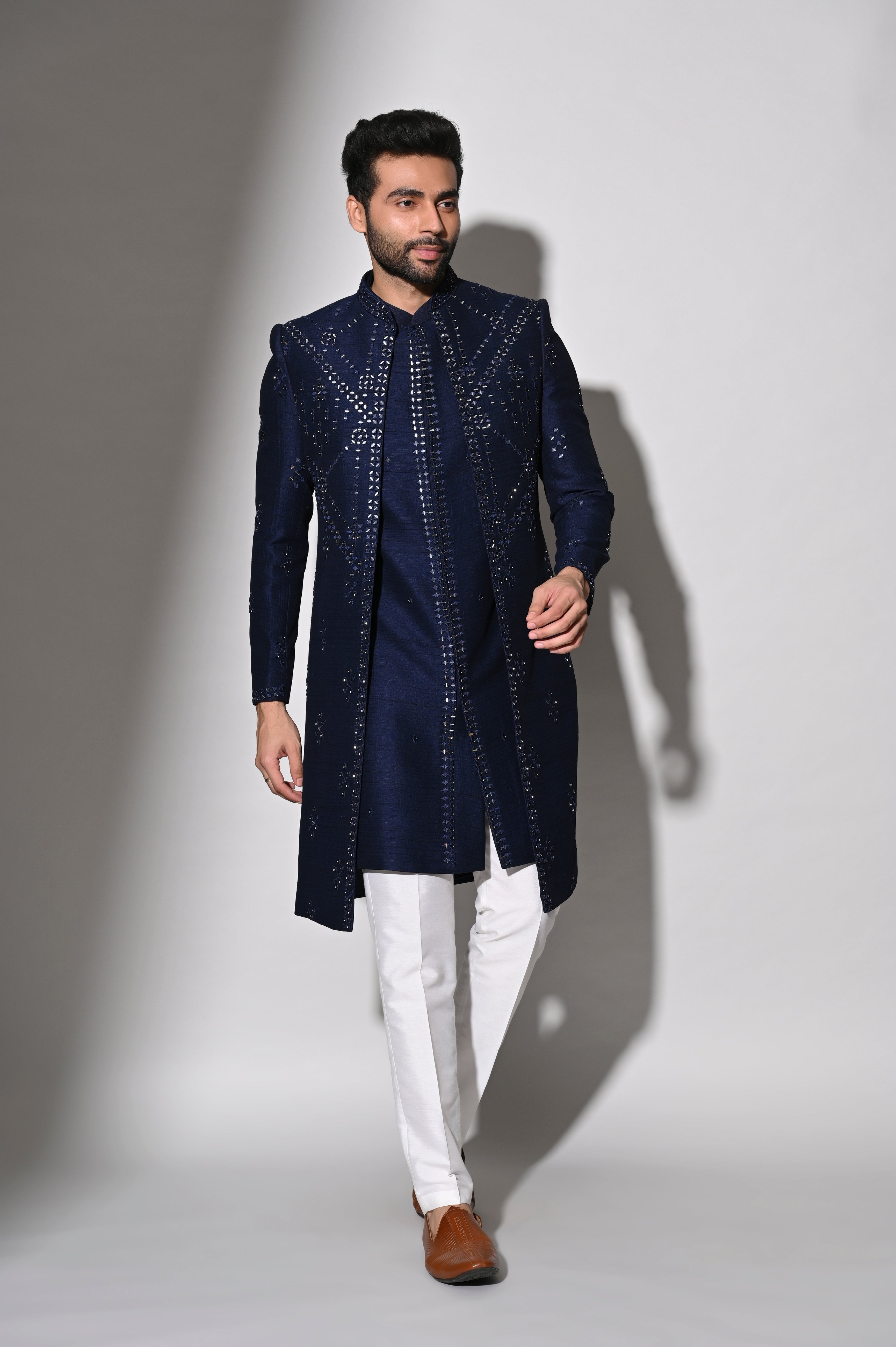 Royal Blue Indo Western Set in Dupyon Silk | Shreeman