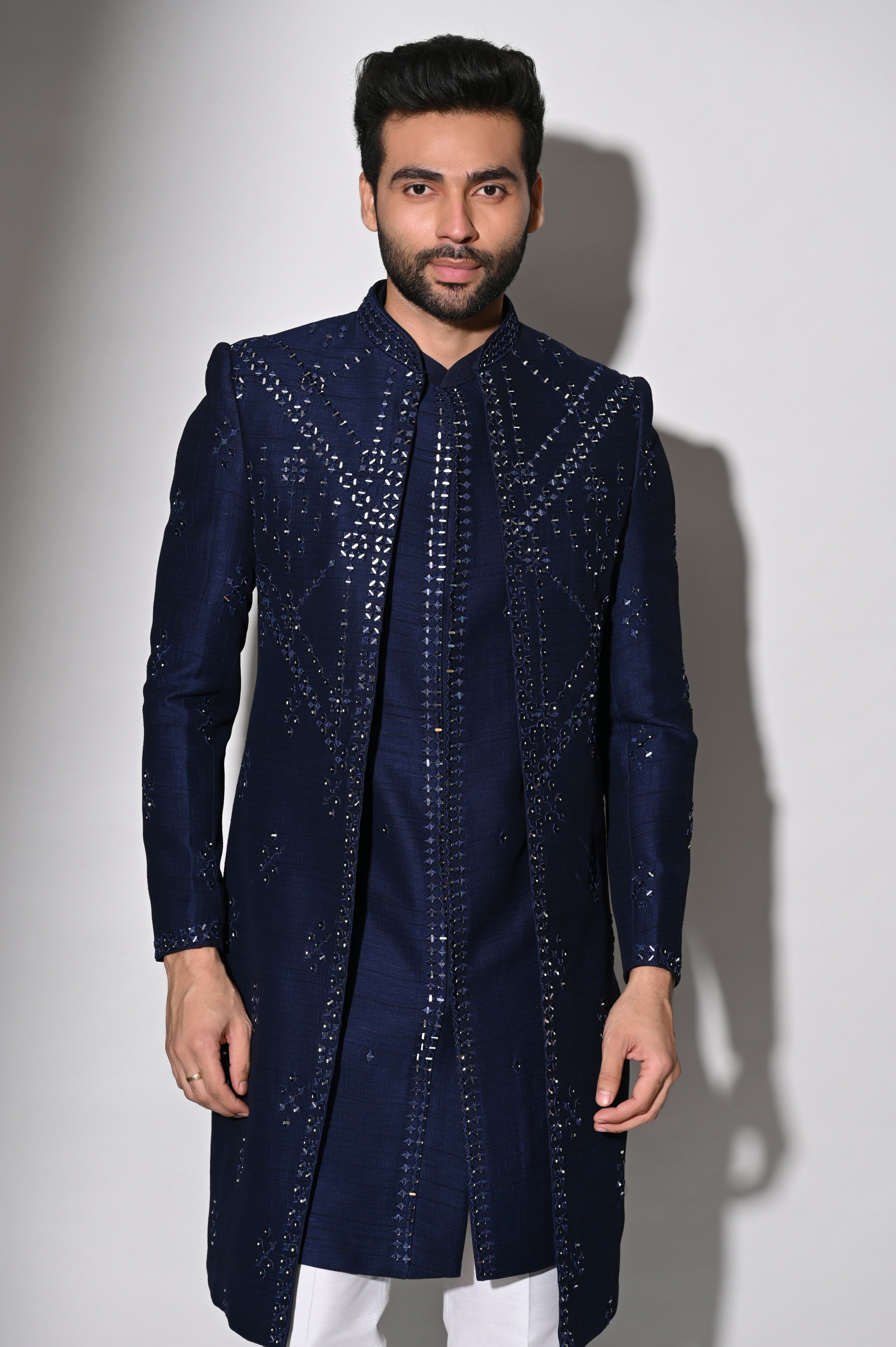 Royal Blue Indo Western Set in Dupyon Silk | Shreeman
