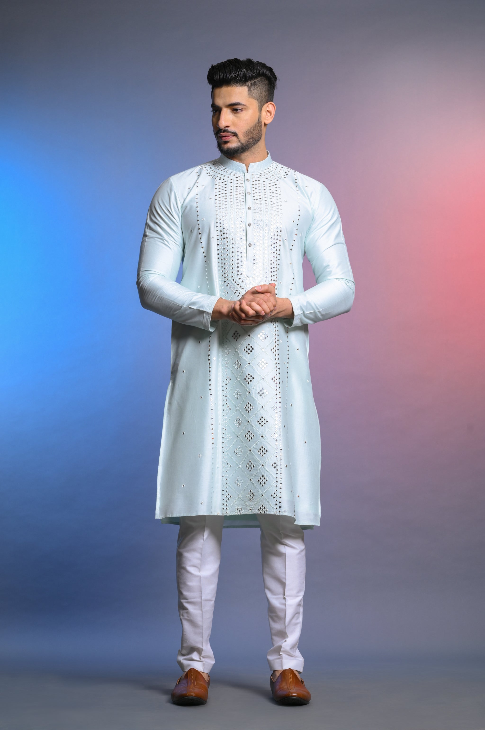 Sky Blue Silk Kurta Set With Mirror Work Shreeman