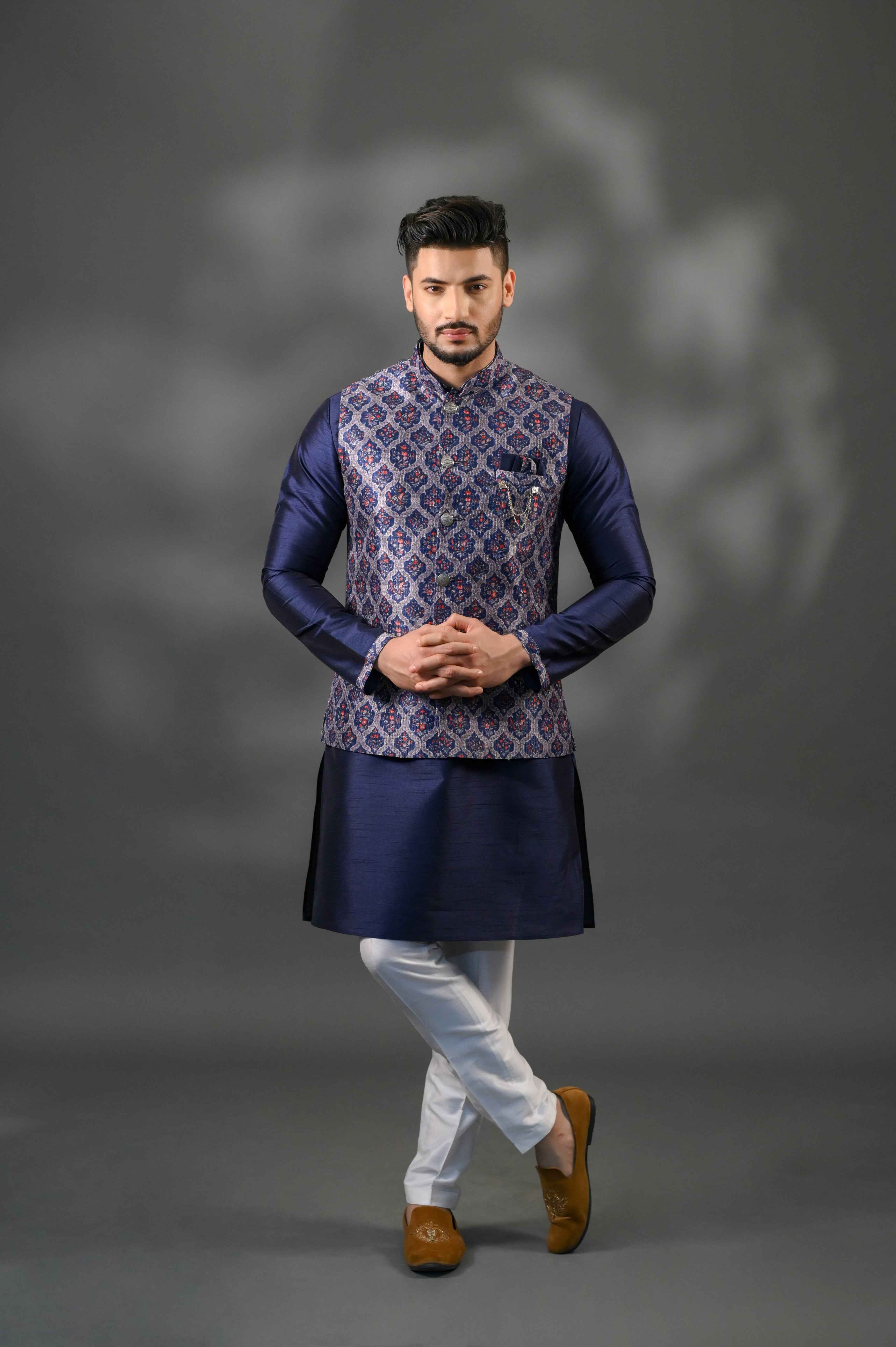 Blue Silk Jacket Set With Sequence Work | Shreeman