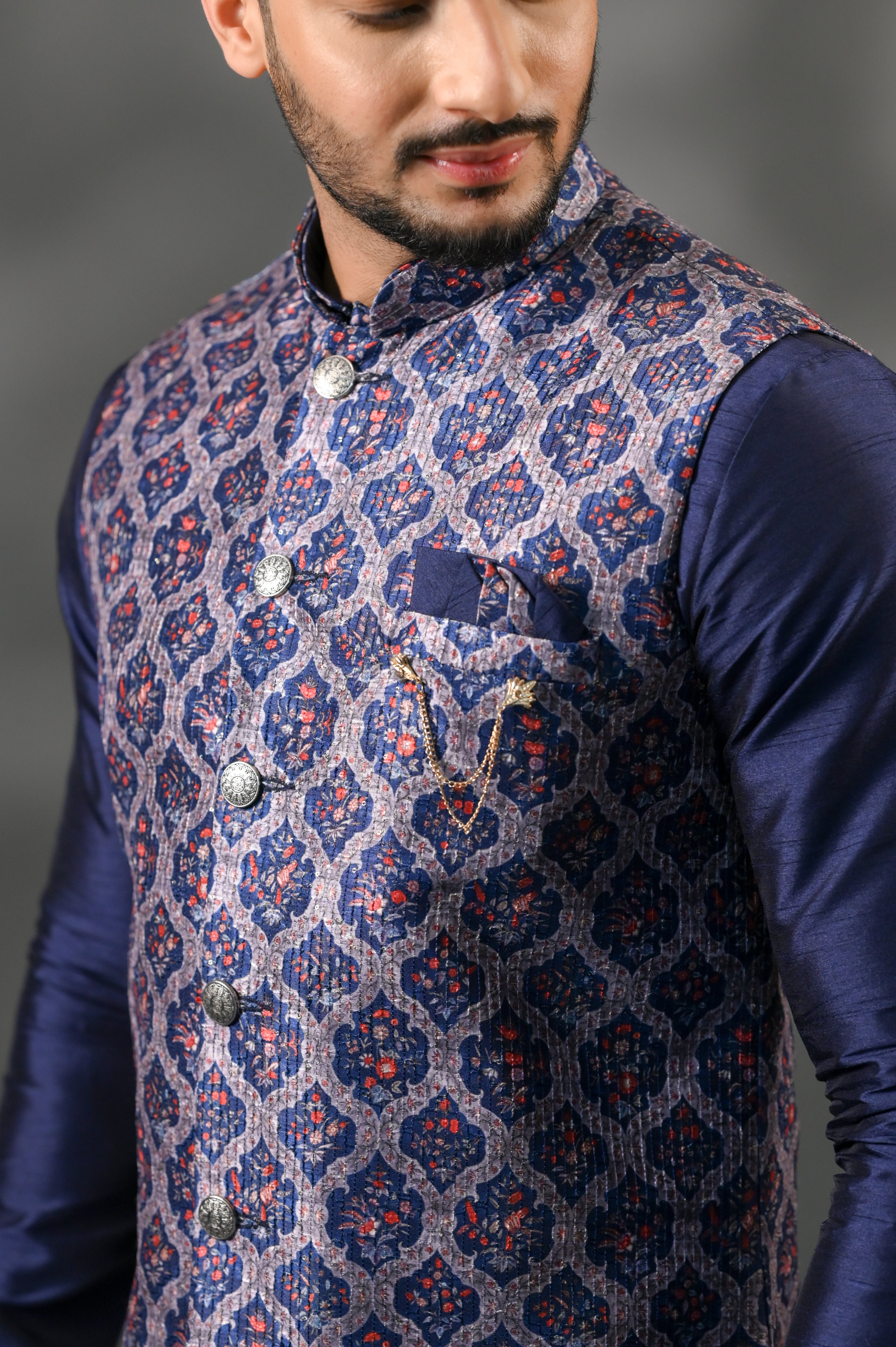 Blue Silk Jacket Set With Sequence Work | Shreeman