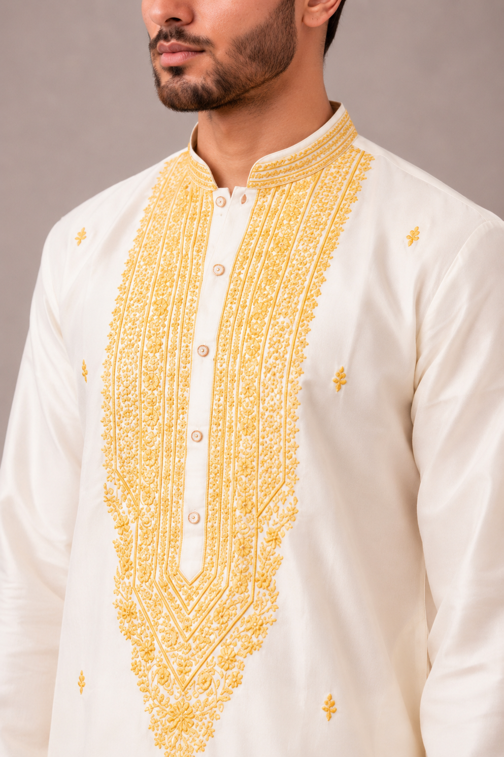 Yellow Banarasi Silk Kurta Set with Thread Computer Embroidery Work