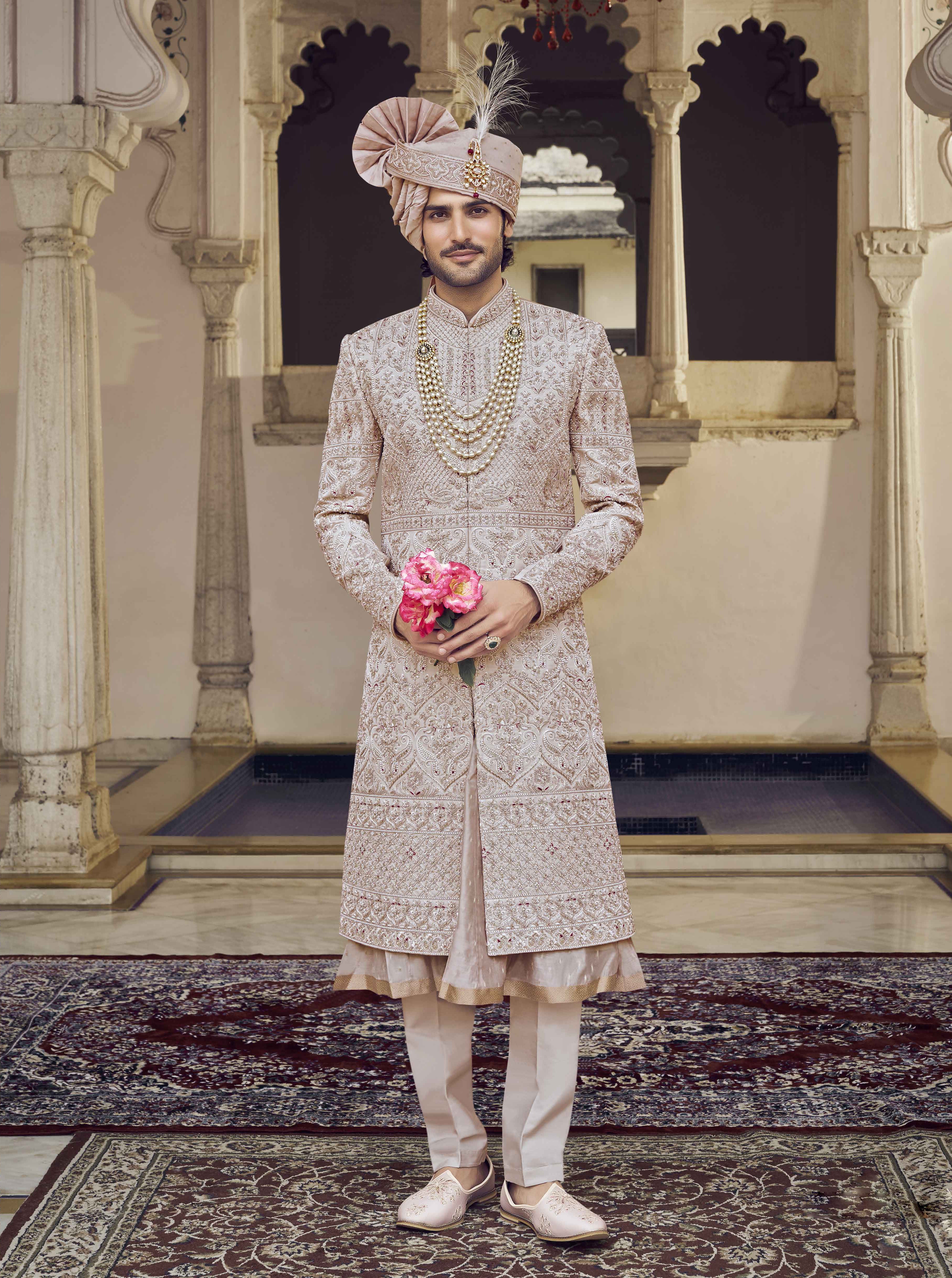 Beige Raw Silk Sherwani with Thread & Hand Work