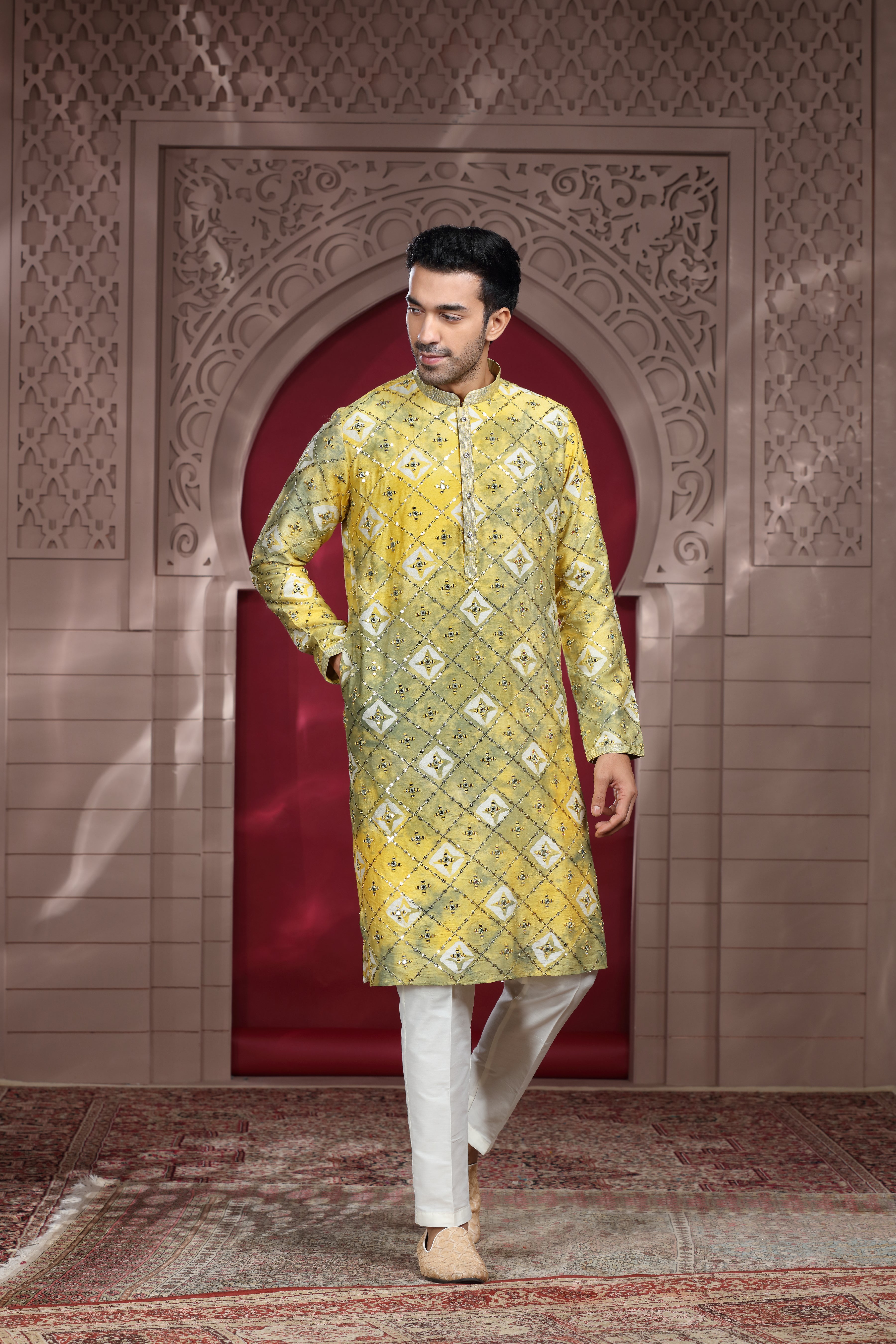 Yellow Silk Kurta Set with Resham Thread & Sequence Work