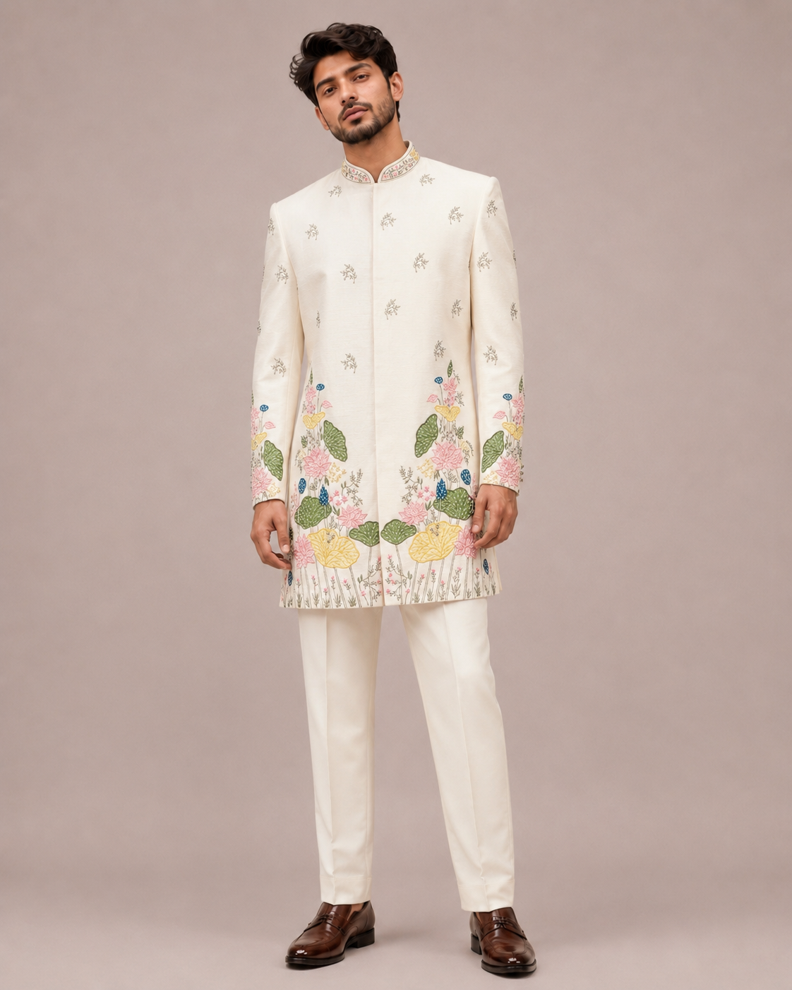 Ivory Satin Silk Indo Western for Men with Hand Print and Hand Work