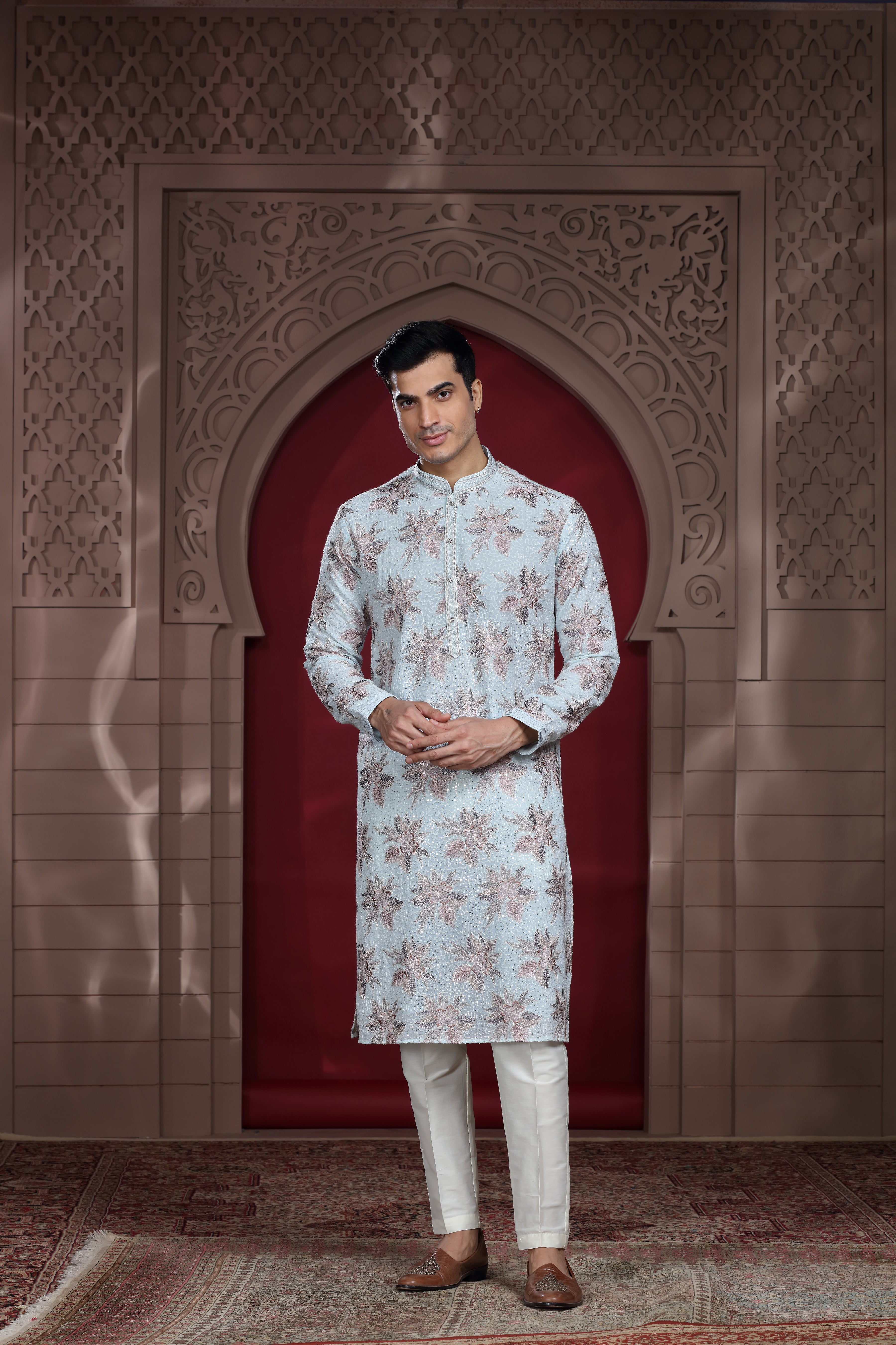 Ivory Silk Kurta Set with Thread Embroidery & Sequence Work