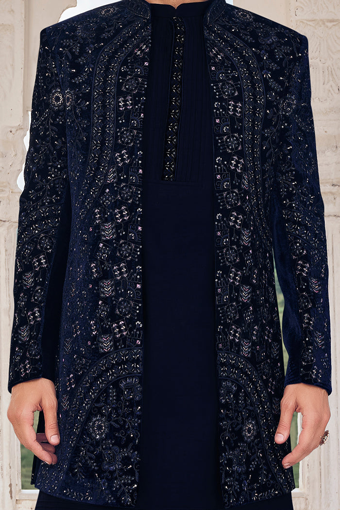 Navy Blue Velvet Indo Western, Thread & Sequence Design