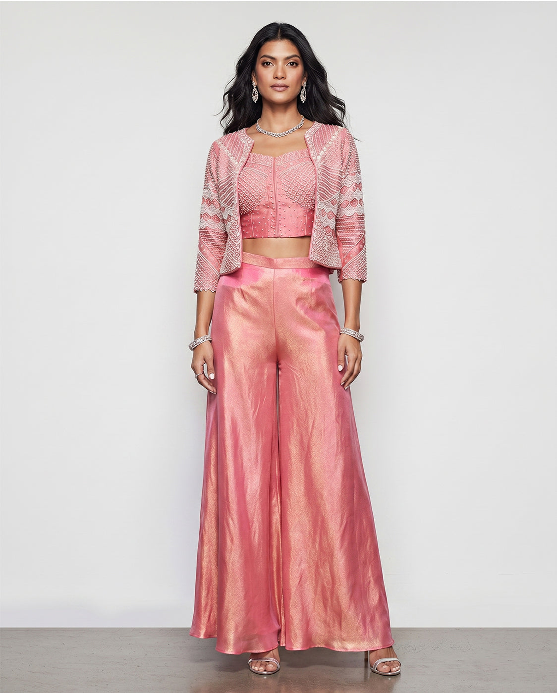 Peach Tissue Silk Indo Western with Moti and Cutdana Embroidery Work