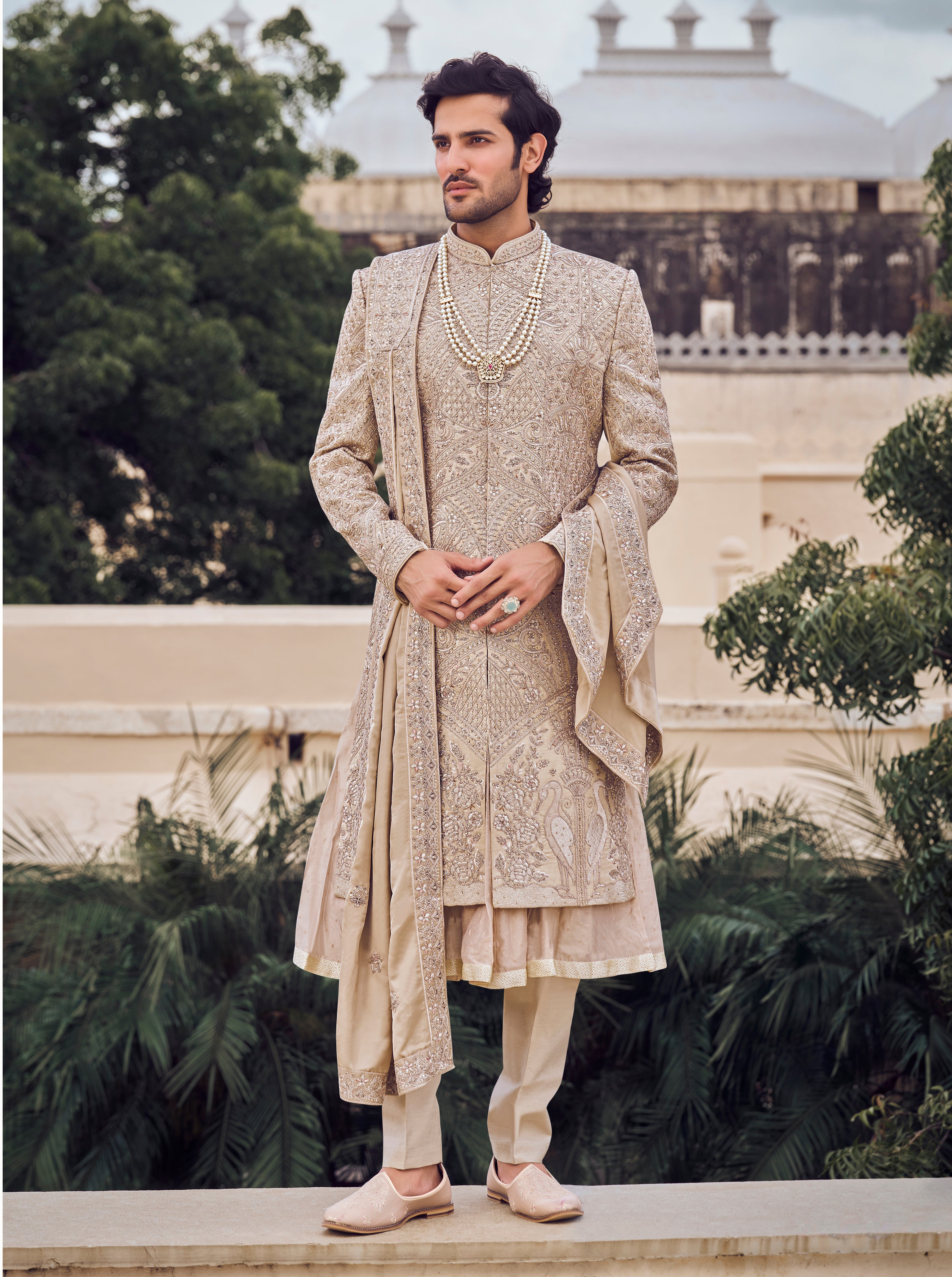 Beige Raw Silk Sherwani with Aari & Thread Work