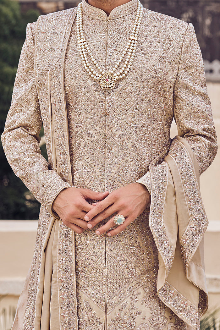 Beige Raw Silk Sherwani with Aari & Thread Work