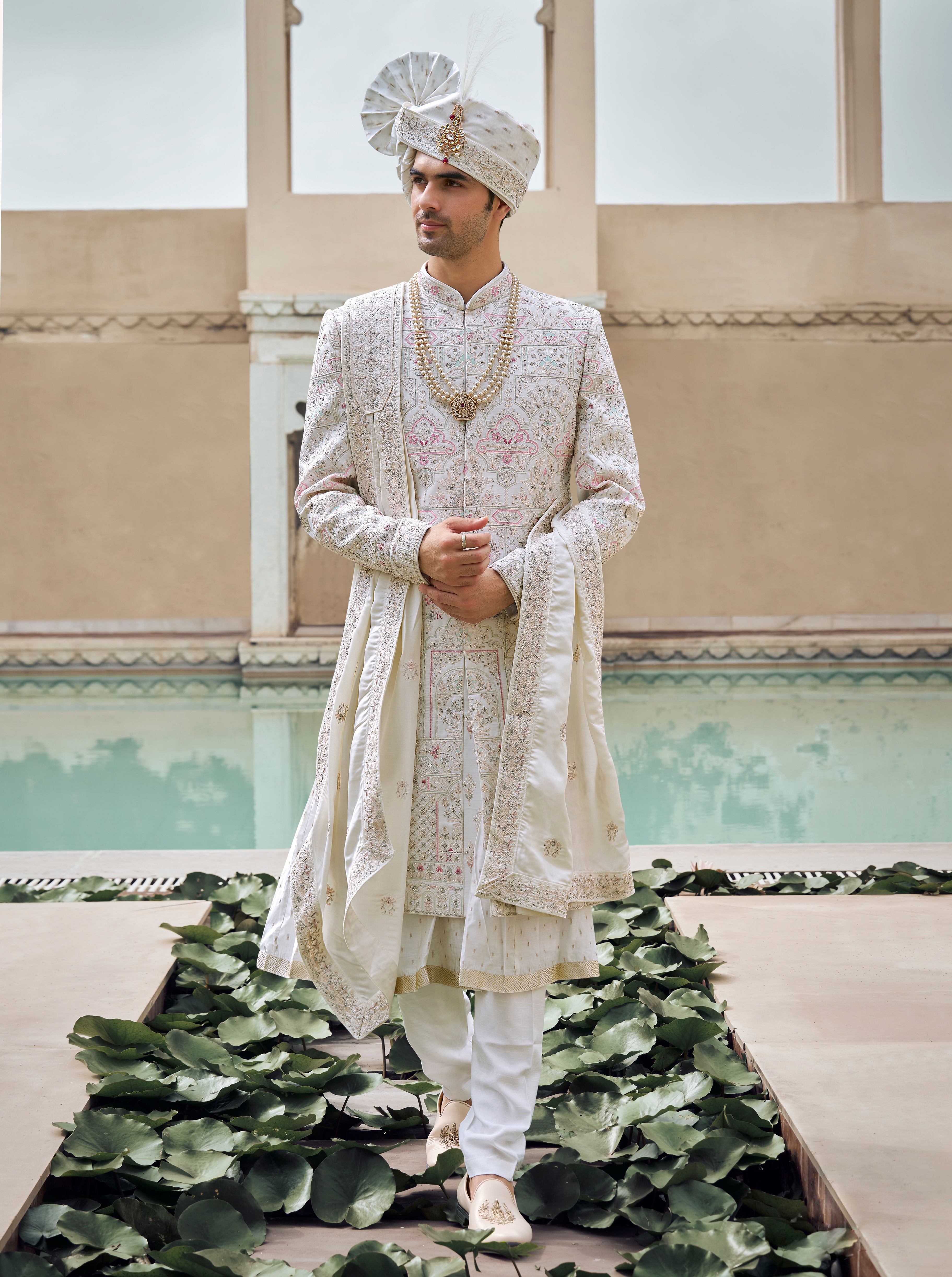 Off White Raw Silk Sherwani, Thread & Hand Work