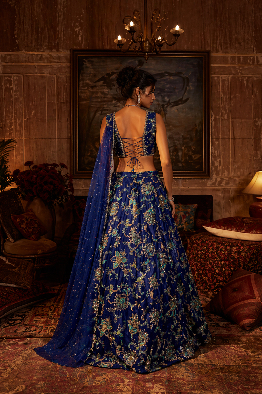 Royal Blue Soft Silk Choli with Floral Print Work