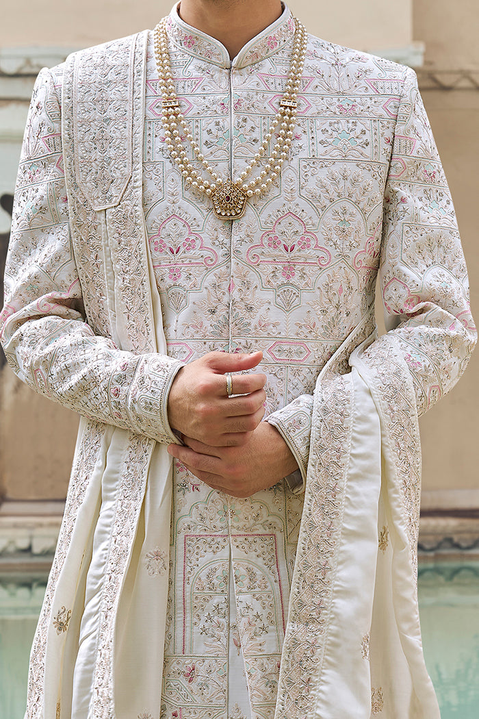 Off White Raw Silk Sherwani, Thread & Hand Work