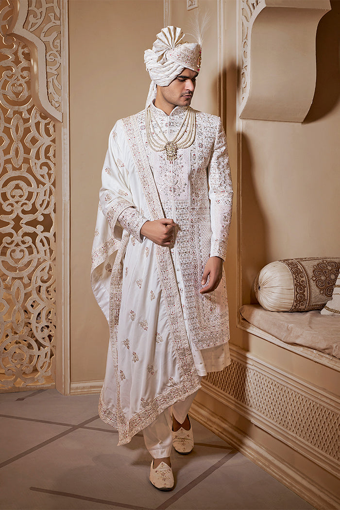Ivory Hand Embroidered Sherwani With Floral Motifs