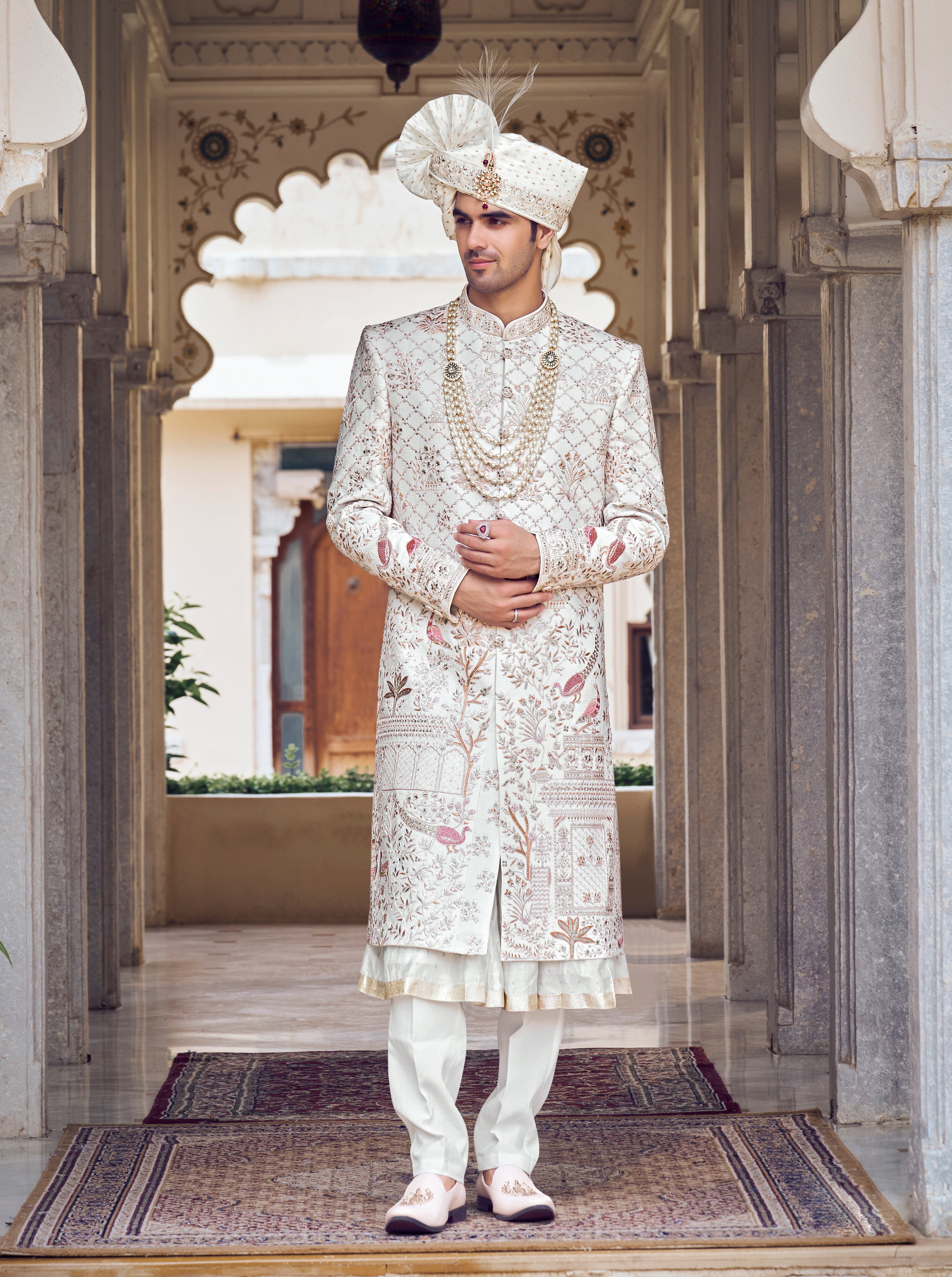 Off White Raw Silk Sherwani with Resham Work