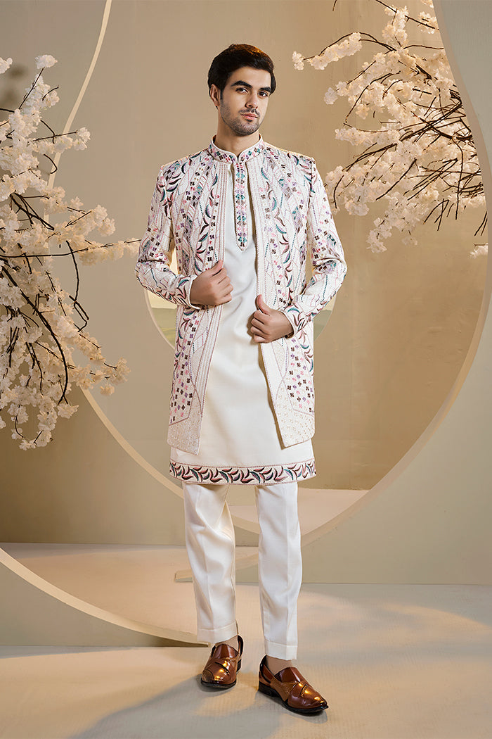 Ivory Indo-Western Set With Multi-Color Embroidery